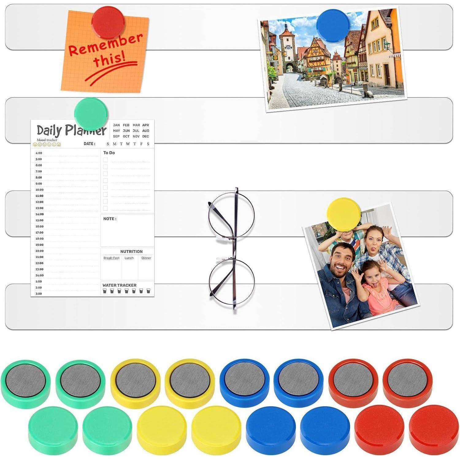 Magnettafel 4 Stück, 30x3cm Weiß Selbstklebend inkl. 16 Runden Magnete