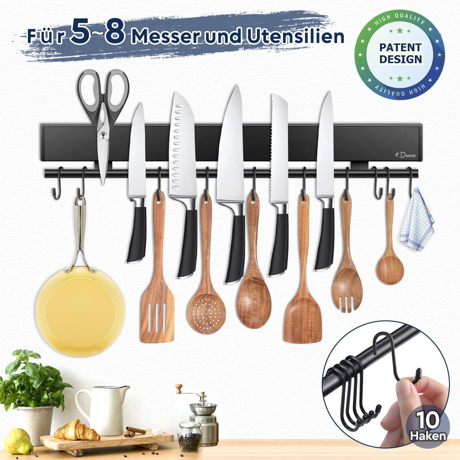 Wandmontierter magnetischer Messer- und Utensilienbhalter mit verschiedenen Küchengeräten, die daran hängen. Bildunterschrift lautet 'Für 5-8 Messer und Utensilien'. Patentdesign vermerkt.