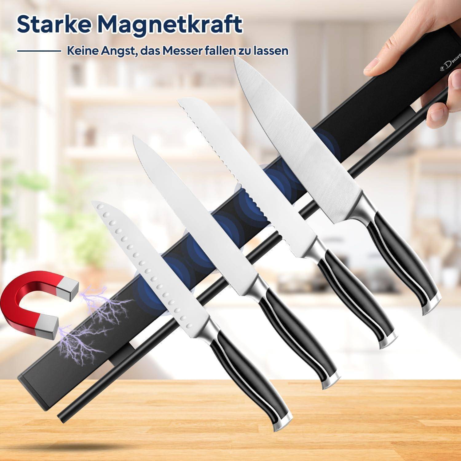 Fünf Messer sind sicher in einem Magnethalter aufgehängt. Text lautet 'Starke Magnetkraft' und beschreibt die starke magnetische Kraft, die für Sicherheit sorgt.