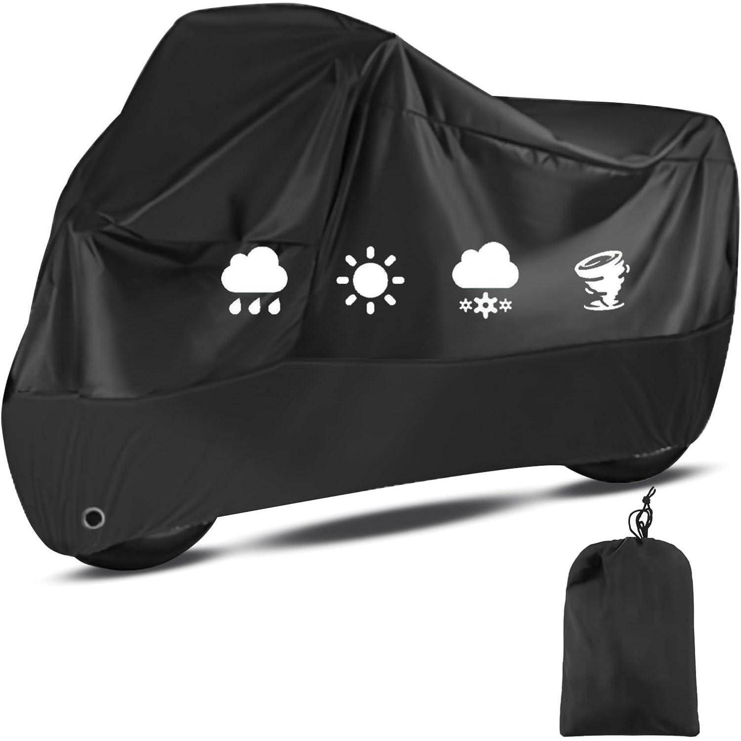 Eine schwarze Abdeckung umschließt vollständig ein Motorrad, mit Symbolen, die Witterungsschutz anzeigen: Regen, Sonne, Schnee und Wind. Eine Transporttasche ist ebenfalls zu sehen.