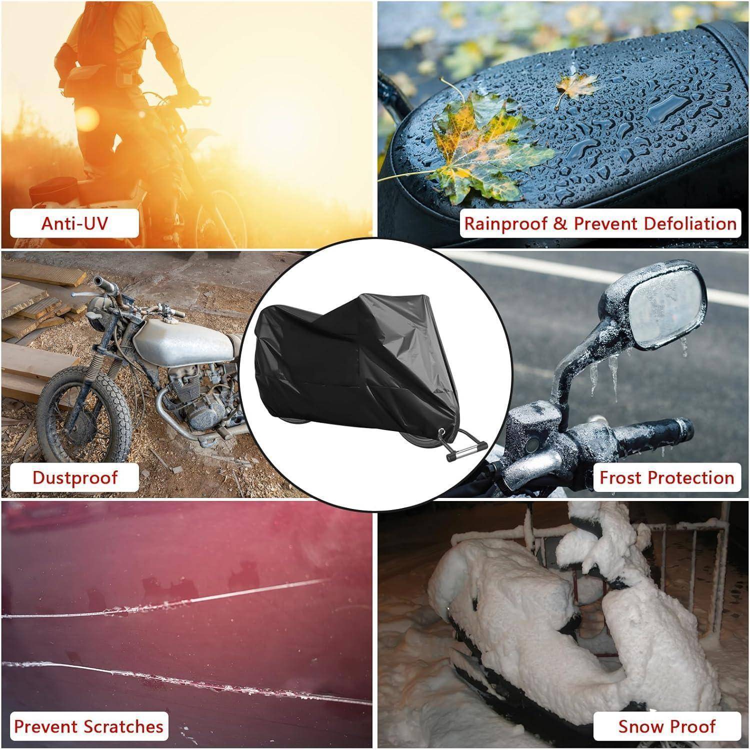Eine Collage zeigt die Vorteile einer Motorradabdeckung: UV-Schutz, staubdicht, verhindert Kratzer, Frost, Regen, Schnee und Beschädigung.