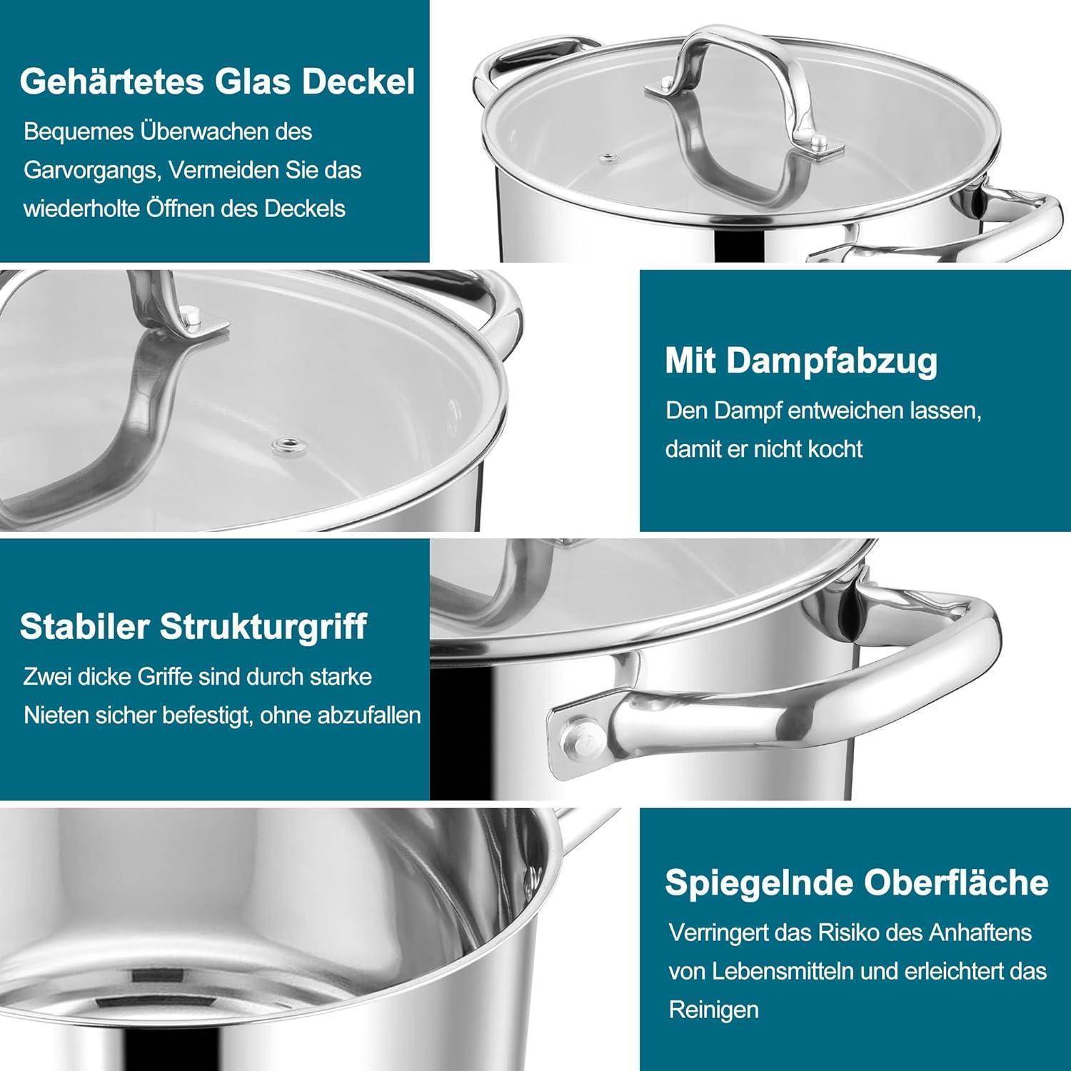 Kochtopf Edelstahl Induktion Glasdeckel 3Lagenboden 10L