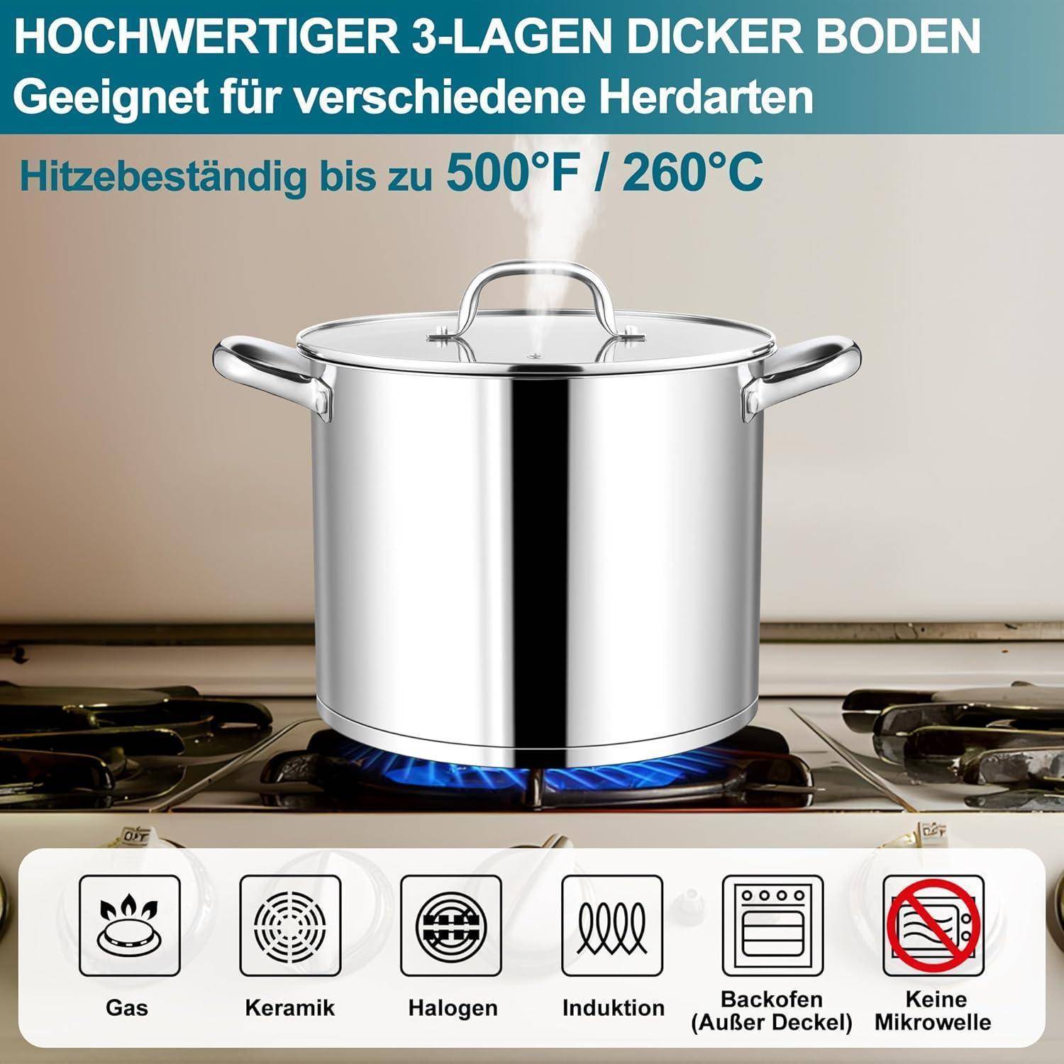 Kochtopf Edelstahl Induktion Glasdeckel 3Lagenboden 10L
