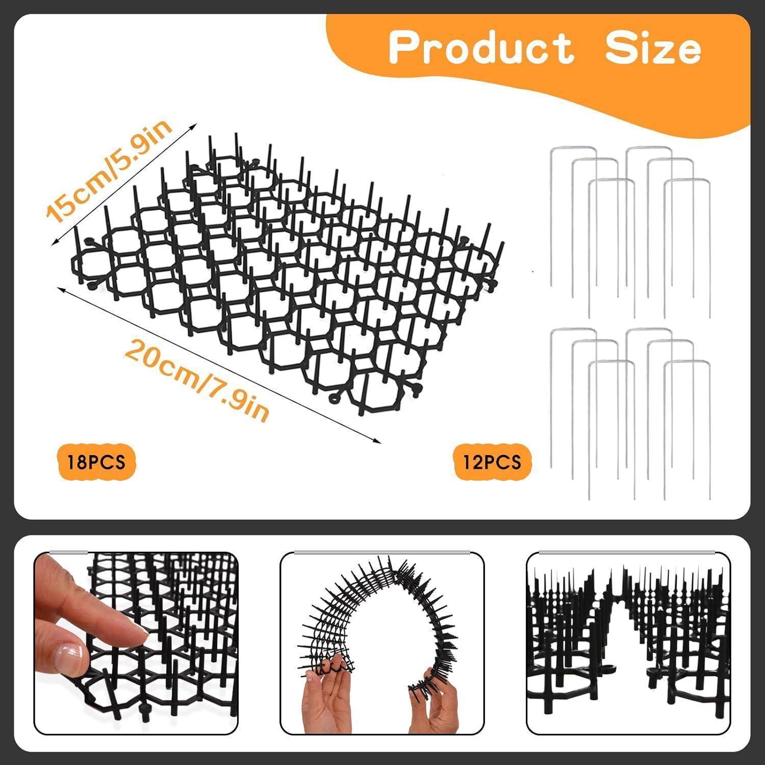 Produktgröße', dargestellt mit schwarzen Gartenzäunen, die 15 cm x 20 cm messen, in Gitterform illustriert. Enthält Fotos, die die Flexibilität des Zauns demonstrieren.