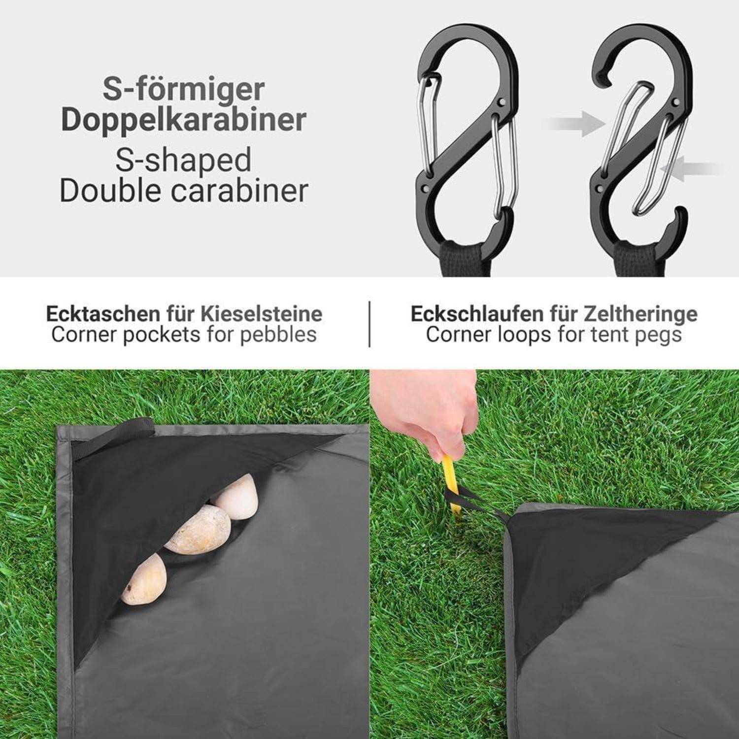 Das Bild zeigt einen S-förmigen Doppel-Karabiner für vielseitige Campinganwendungen, mit Beispielen: Sichern von Zeltheringen und Aufbewahren von Kieselsteinen.
