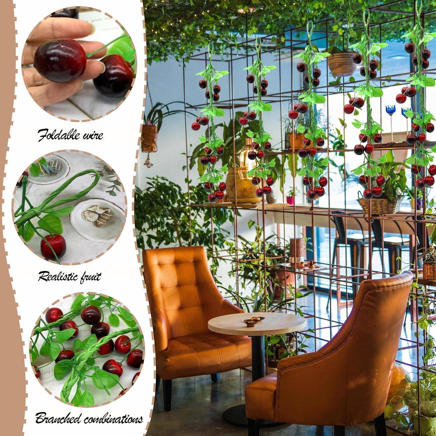 Café-Interieur mit hängenden Pflanzen und kirschähnlichen Dekorationen. Eingefügte Bilder zeigen faltbaren Draht, realistische Früchte und Zweige.