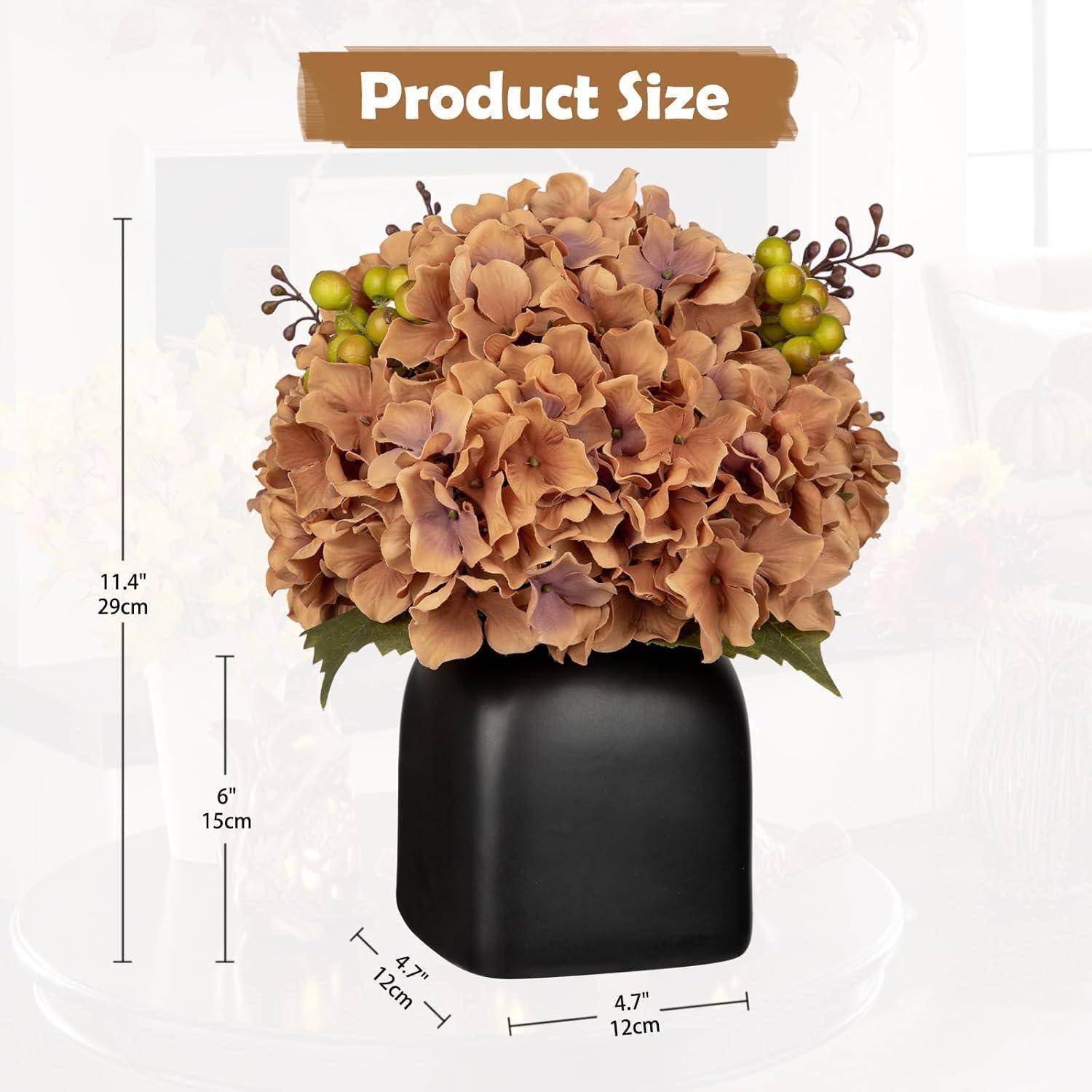 Eine schwarze Vase enthält einen Strauß brauner Hortensien und grüner Beeren. Die Abmessungen der Vase sind angegeben: Höhe 6