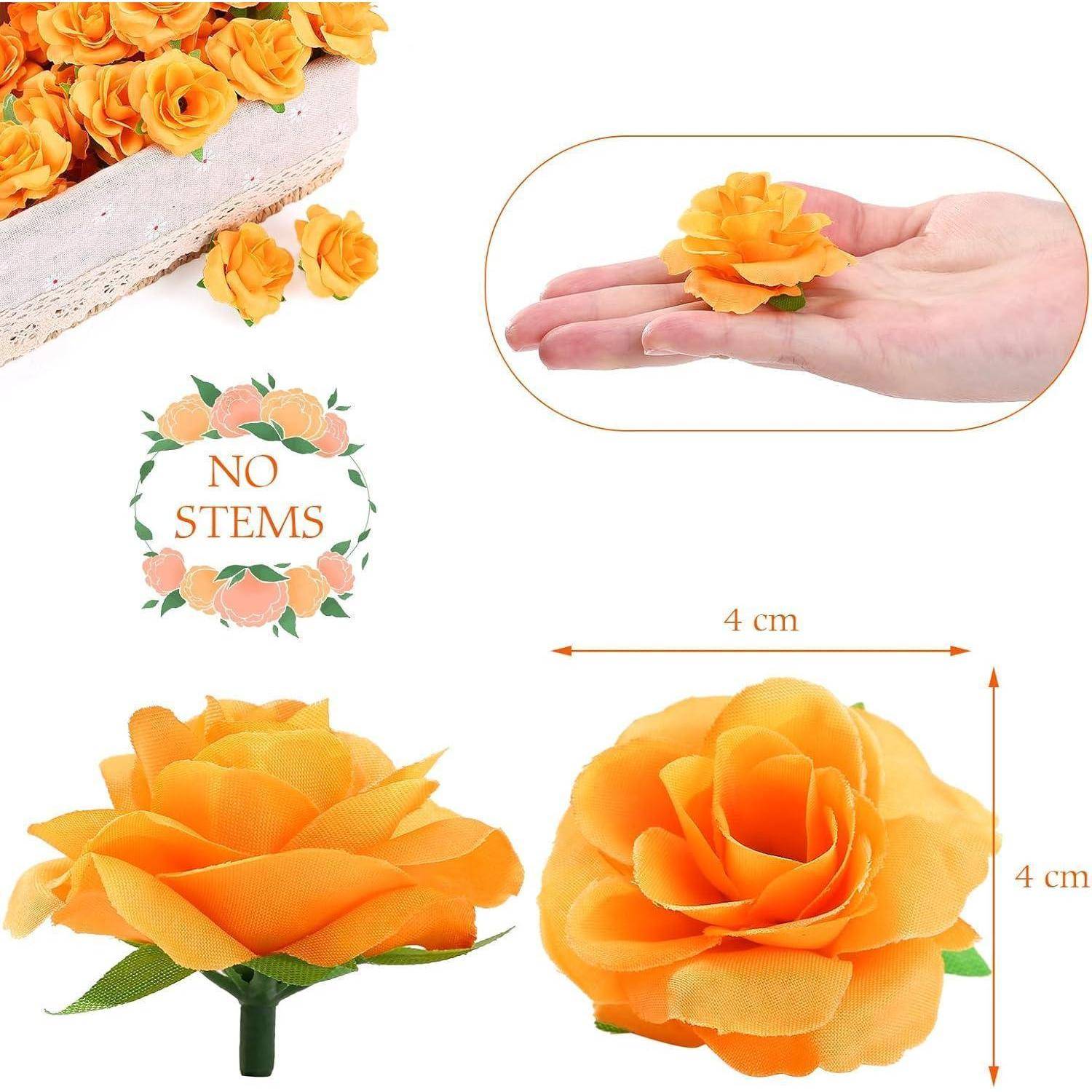Künstliche orangefarbene Rosen ohne Stiele, dargestellt in verschiedenen Ansichten, einschließlich einer Hand, die eine Rose hält, und einer Illustration der Blütenbreite von 4 cm.
