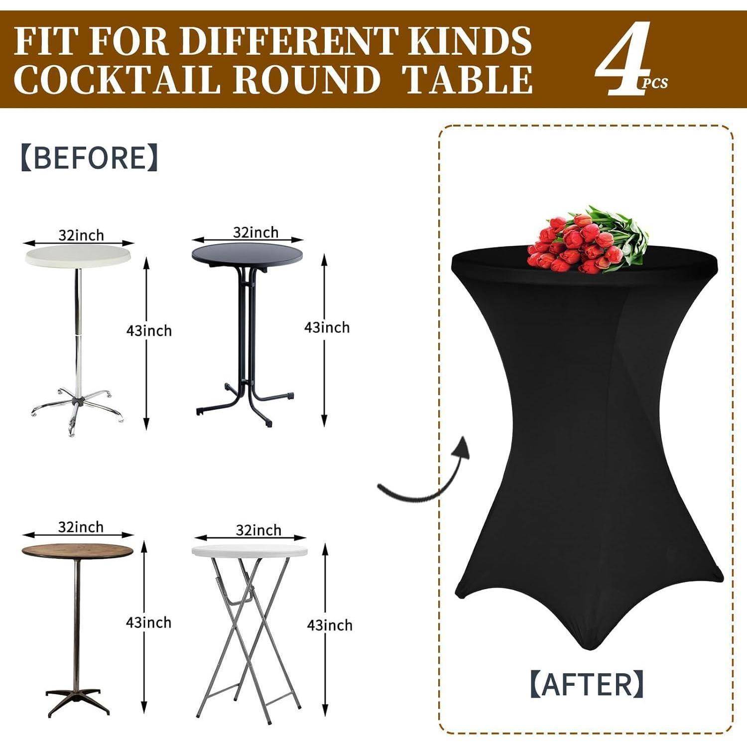 Passend für verschiedene Cocktail-Rundtische.' Das Bild zeigt drei Typen von 43 Zoll hohen Tischen mit 32 Zoll Durchmesser vor einer schwarzen Tischdecke und einen Tisch, der mit einer schwarzen Decke mit Blumendekoration bedeckt ist.