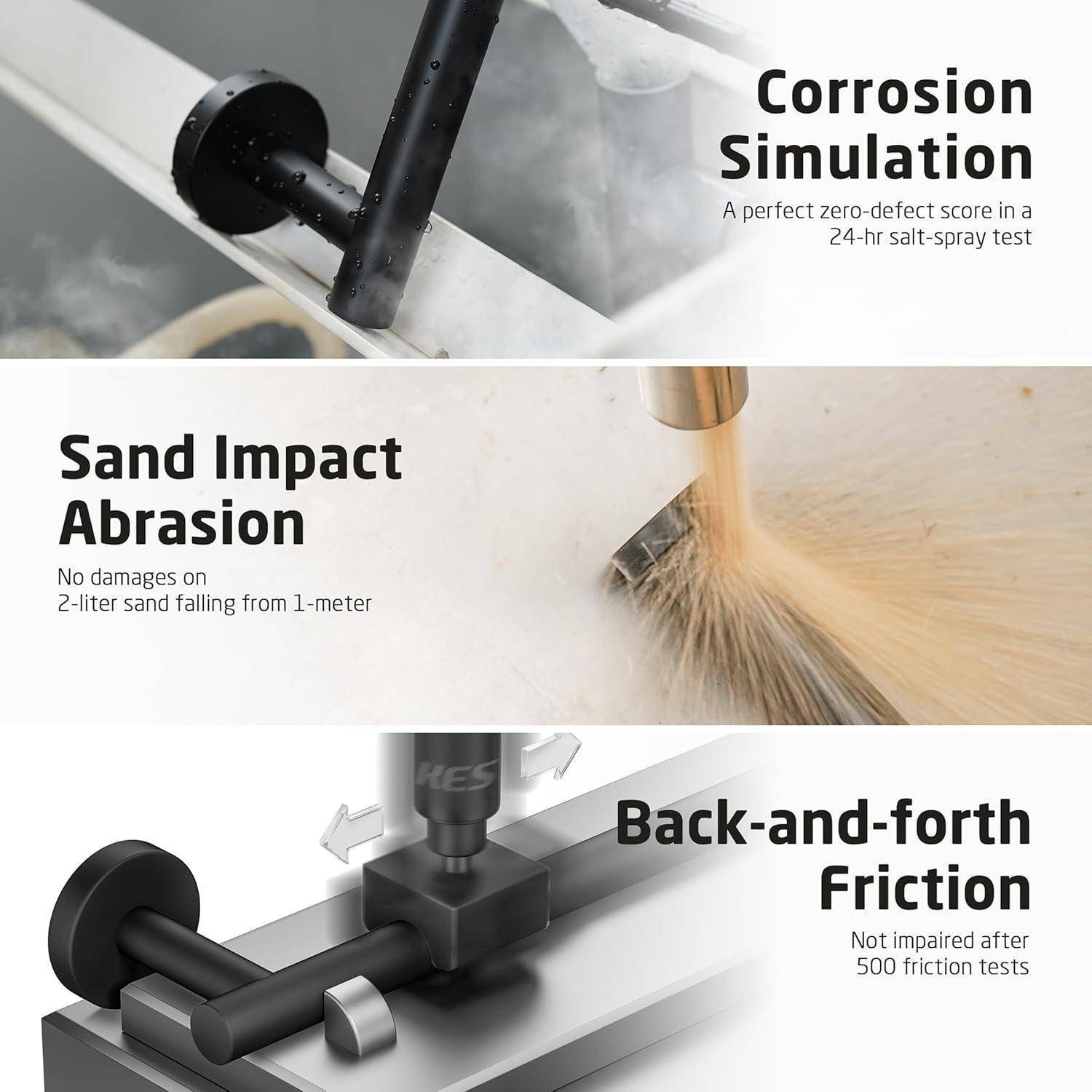 Das Bild zeigt drei Tests: ‚Korrosionssimulation' mit einem Metallgegenstand in einem Spray, ‚Sandaufprallabrieb' mit Sand, der auf Metall trifft, und ‚Hin-und-her-Reibung' mit einem Gerät, das ein Metallstück testet.