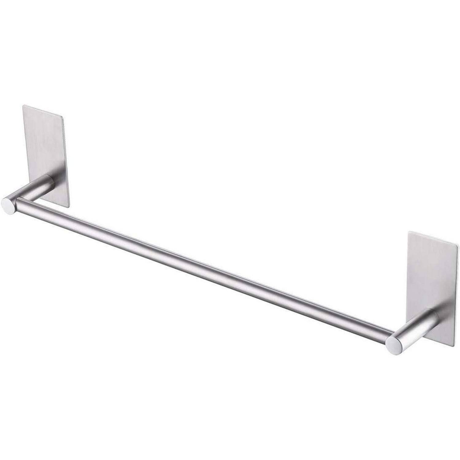 Eine elegante silberne Handtuchstange mit rechteckigen Wandbefestigungen, konzipiert für die Verwendung im Badezimmer.