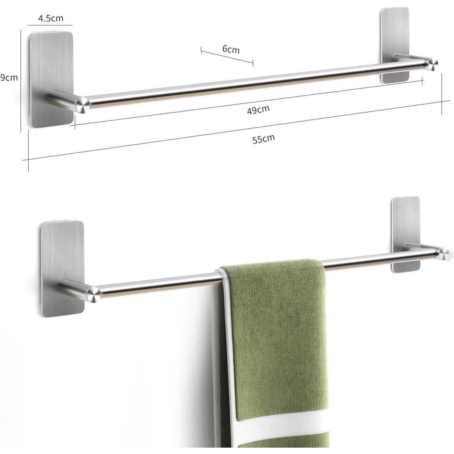Eine silberne, wandmontierte Handtuchstange mit Abmessungen: Breite 55 cm, Länge 49 cm, Tiefe 4,5 cm, Höhe 9 cm. Ein grünes Handtuch hängt daran.