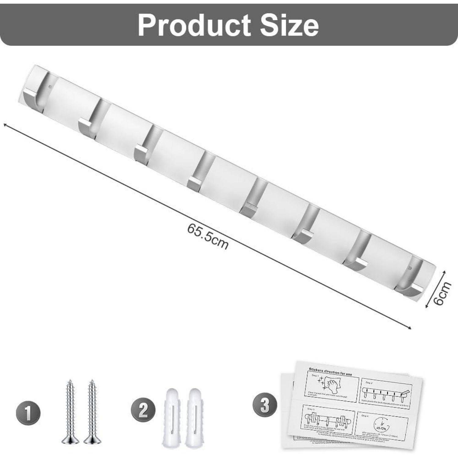 Produktgröße: Wandhalterung mit einer Länge von 65,5 cm und einer Breite von 6 cm. Im Installationshandbuch sind Schrauben und Dübel enthalten.
