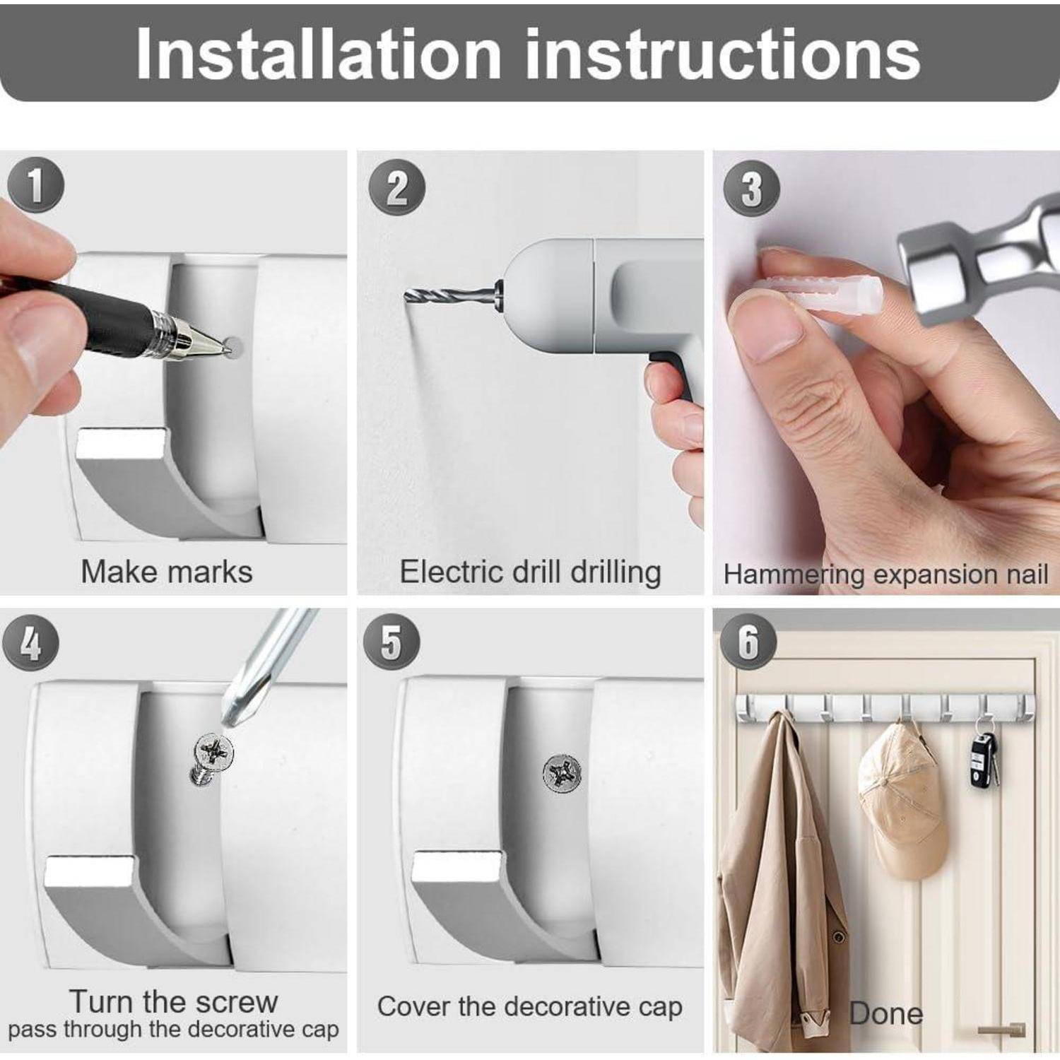 Montagehinweise: 1) Markieren. 2) Bohren. 3) Hämmern. 4) Schrauben. 5) Abdecken. 6) Haken mit Hut und Mantel beschriftet als 'Fertig.