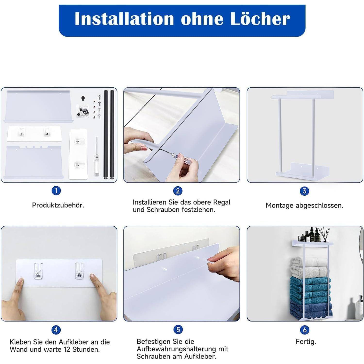 Installation ohne Löcher': Schritt-für-Schritt-Montageanleitung für Regalaufbau ohne Bohren. Schritte umfassen die Verwendung von Klebstoff zur Wandmontage.