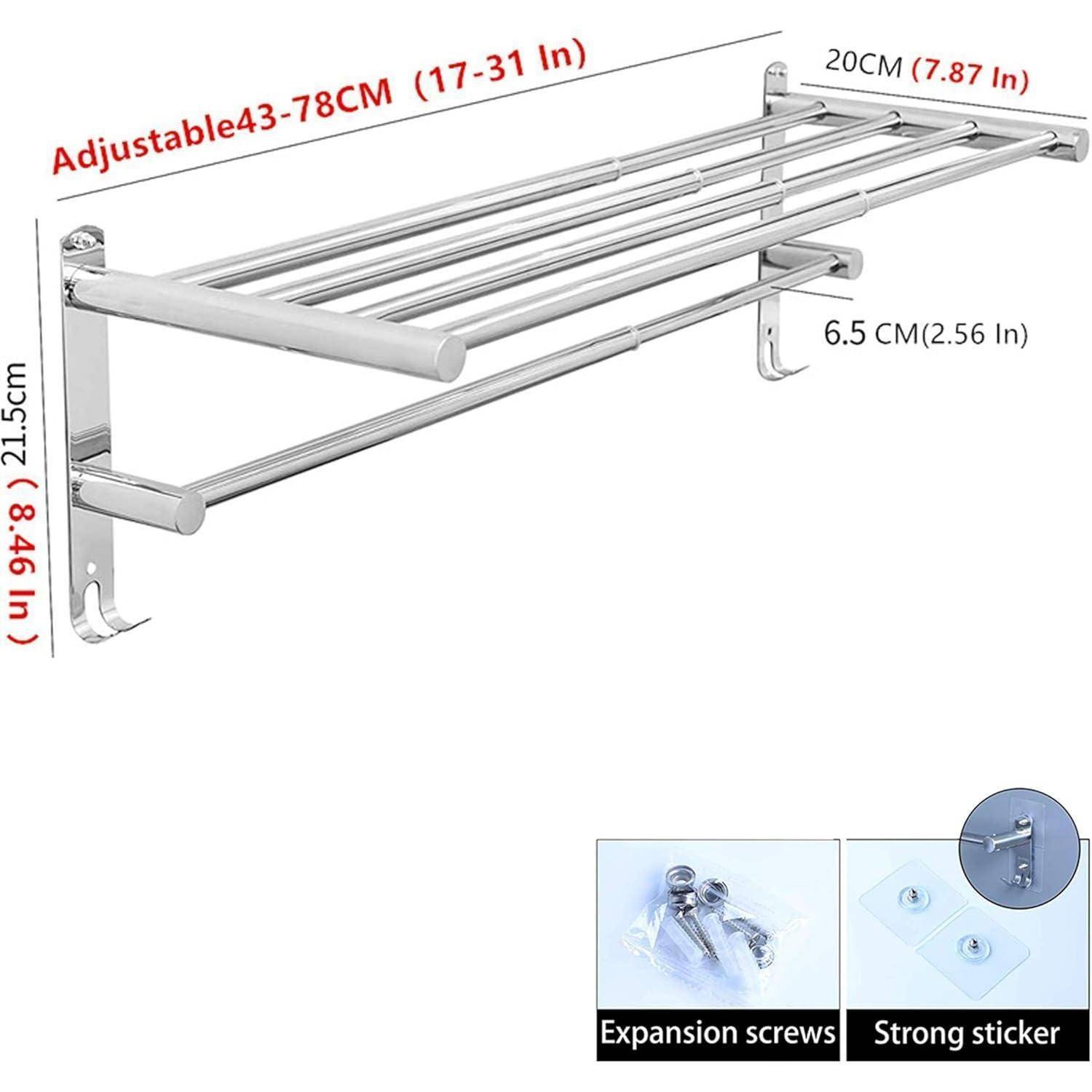 Verstellbarer Handtuchhalter aus Silber - Abmessungen: Breite 43-78 cm (17-31 Zoll), Tiefe 20 cm (7,87 Zoll), Höhe 21,5 cm (8,46 Zoll). Inklusive Schrauben und Aufklebern.