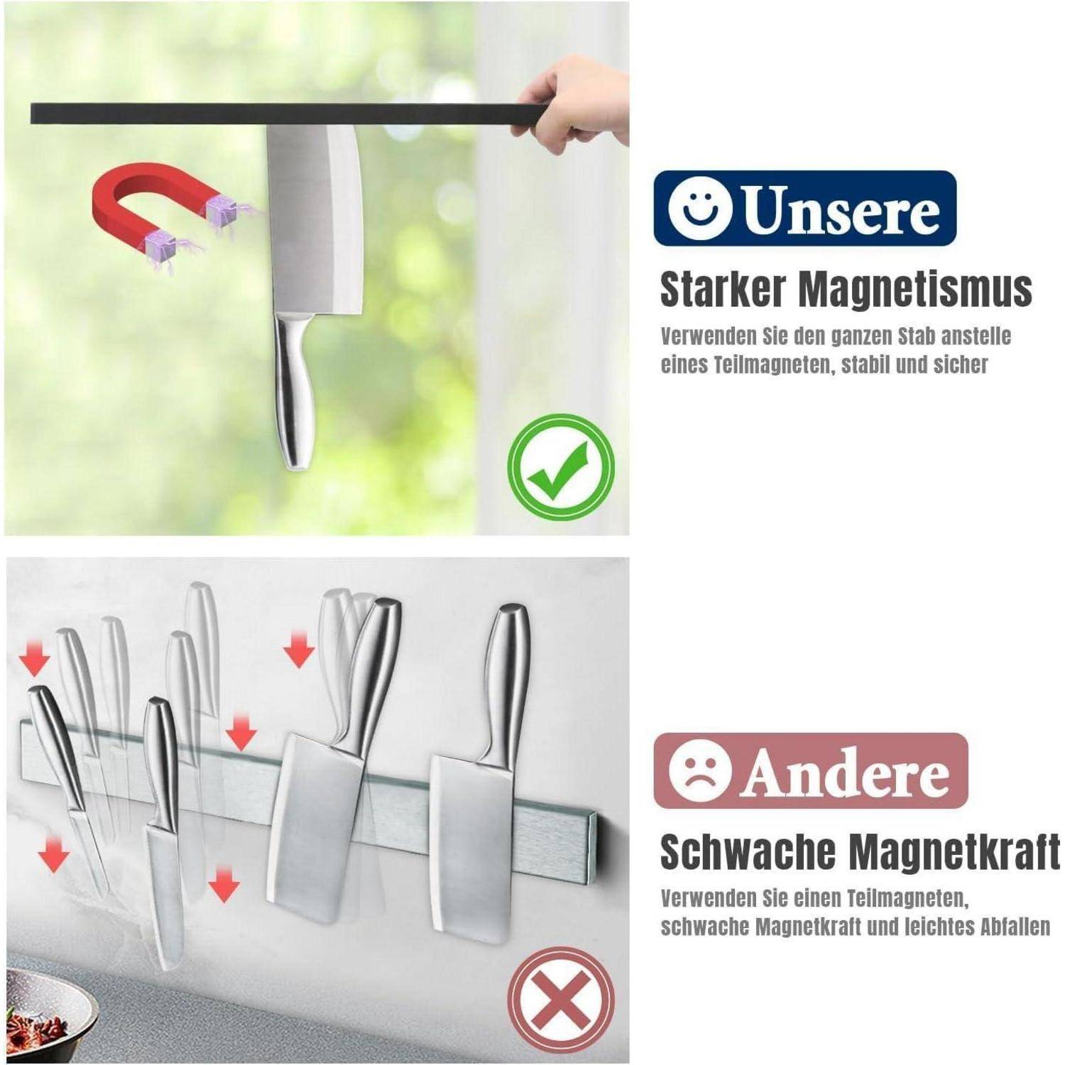 Oberes Bild zeigt ein Messer, das von einem starken Magnethalter sicher gehalten wird, mit einem Häkchen. Unteres Bild zeigt Messer, die von einem schwachen Magneten herunterfallen, mit einem Kreuz markiert.