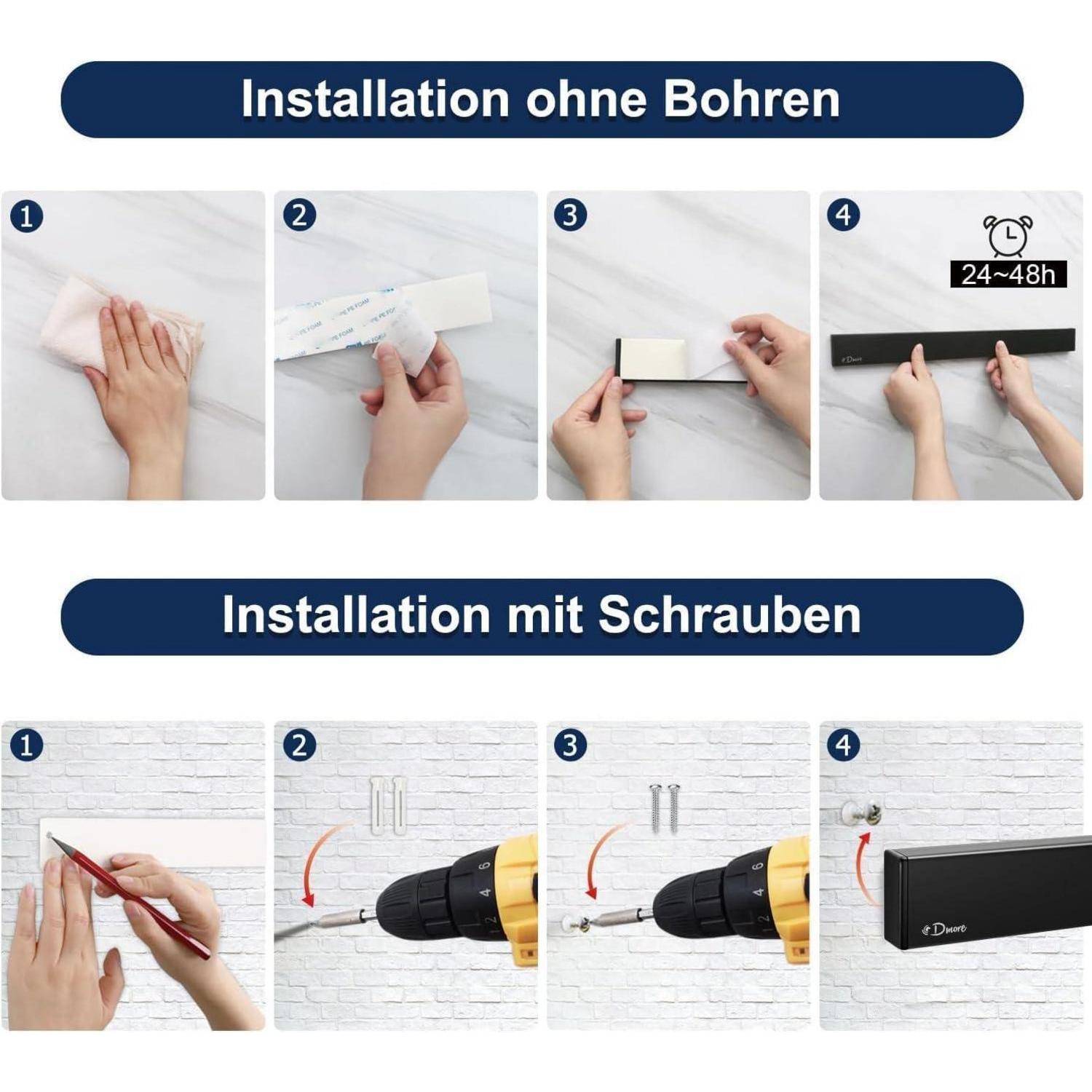 Montage ohne Bohren': Schritte zeigen das Anbringen von Klebstreifen. 'Montage mit Schrauben': Schritte zeigen Markieren, Bohren und Befestigen von Schrauben.