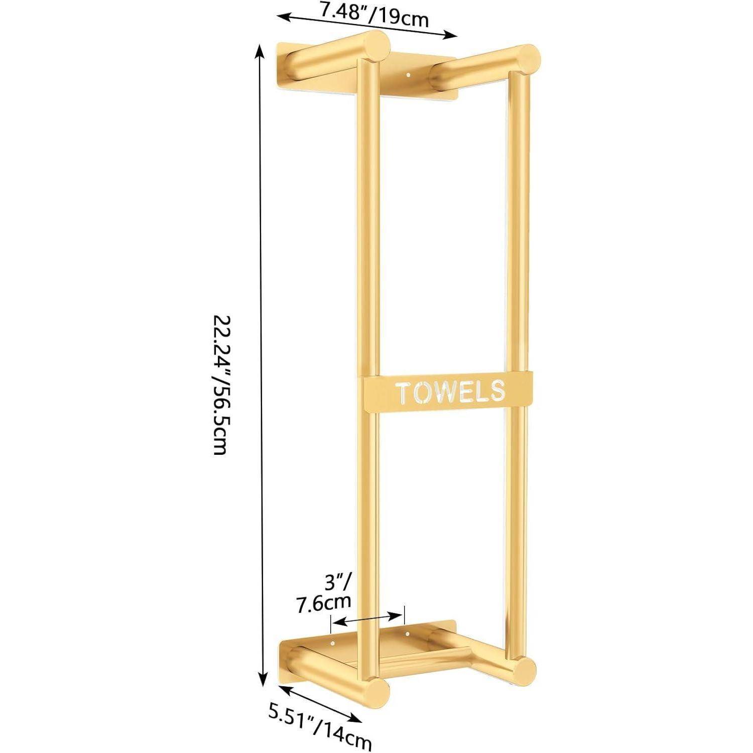 Goldener Handtuchhalter mit zwei parallelen Stangen, mit der Aufschrift 'TOWELS'. Abmessungen: 22,24 Zoll/55 cm hoch, 7,48 Zoll/19 cm breit, 5,51 Zoll/14 cm tief.