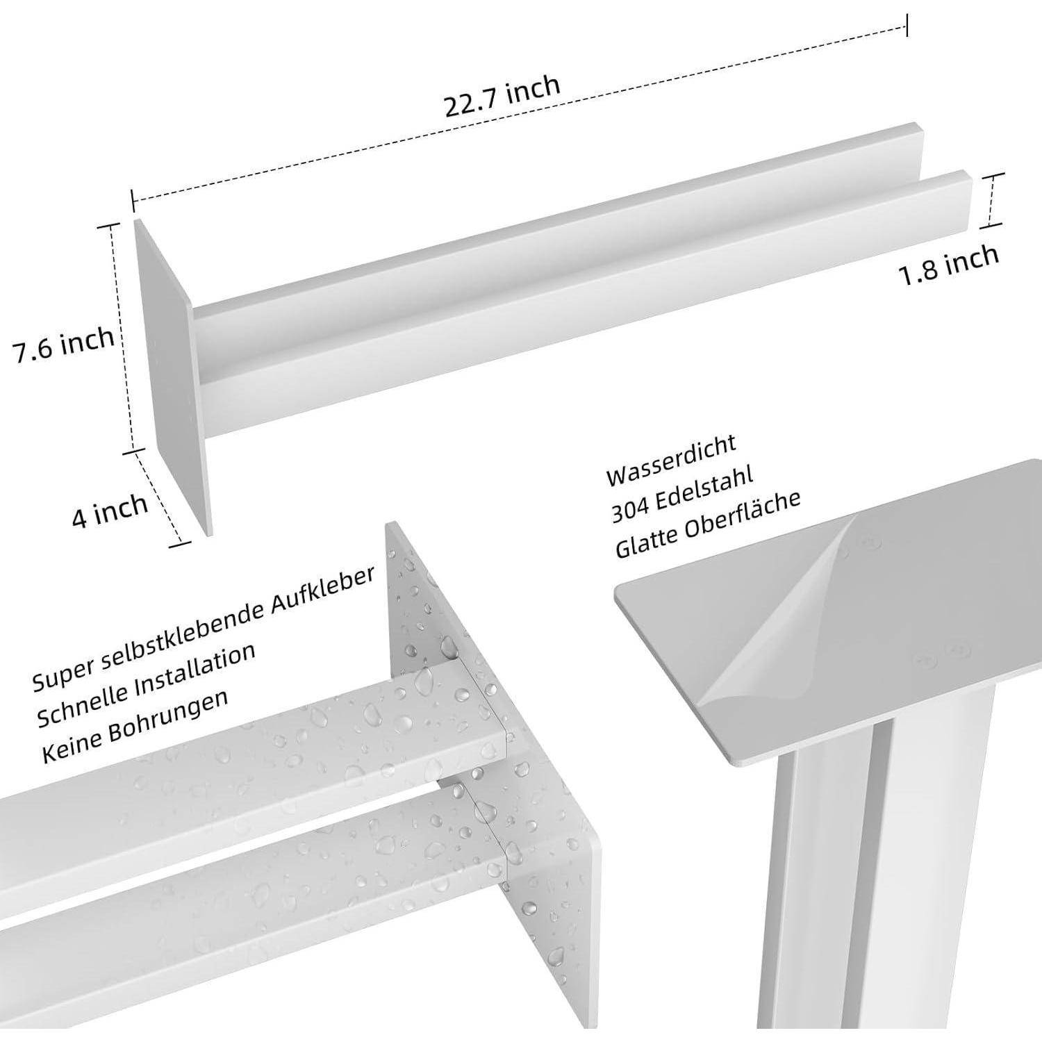 Wandregal mit selbstklebender Montage, kein Bohren erforderlich. Abmessungen: 22,7 x 7,6 x 4 Zoll. Aus Edelstahl hergestellt.