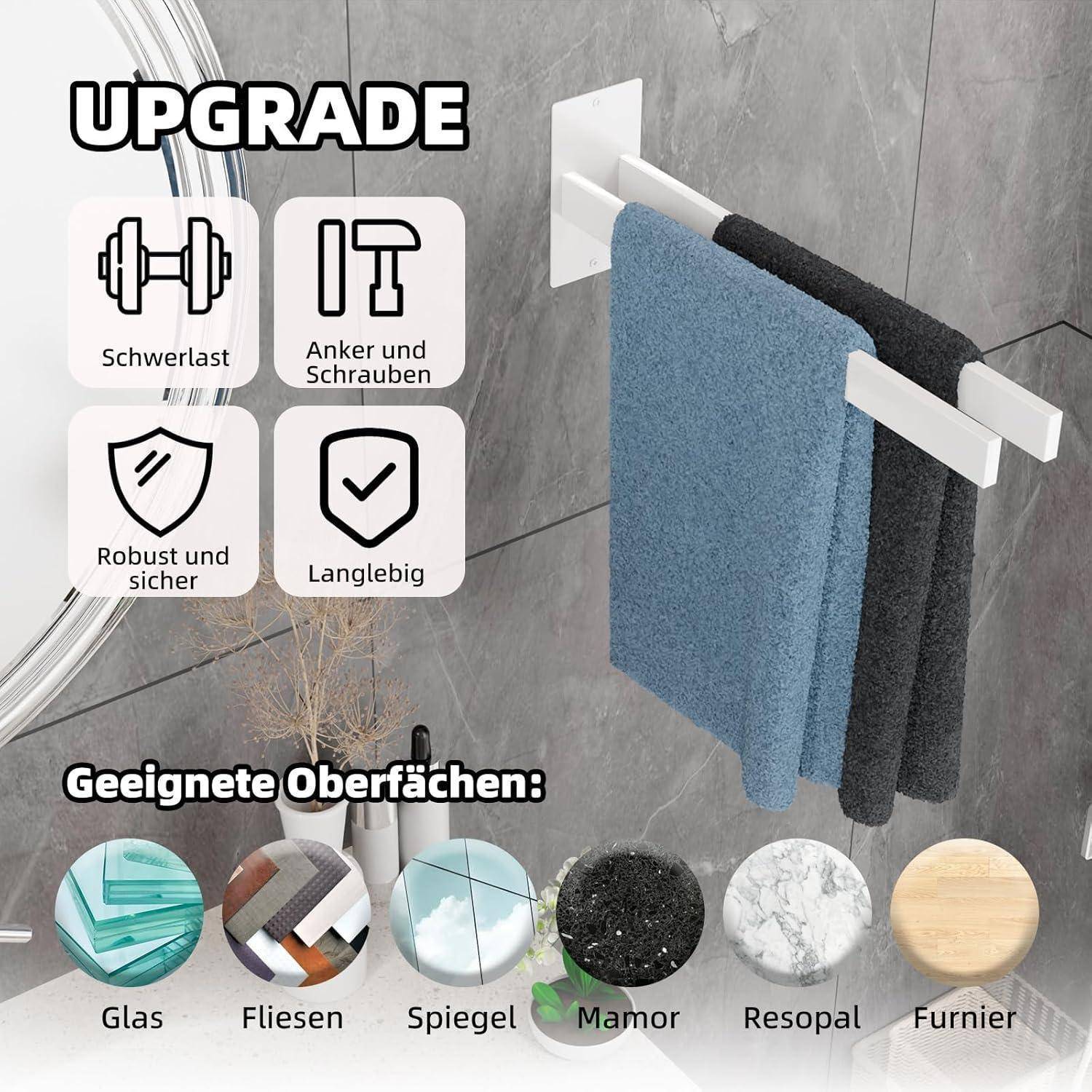 Handtuchhalter für schwere Lasten aufgewertet, robust mit Befestigungsankern und Schrauben. Geeignete Oberflächen: Glas, Fliesen, Spiegel, Marmor, Resopal, Furnier.