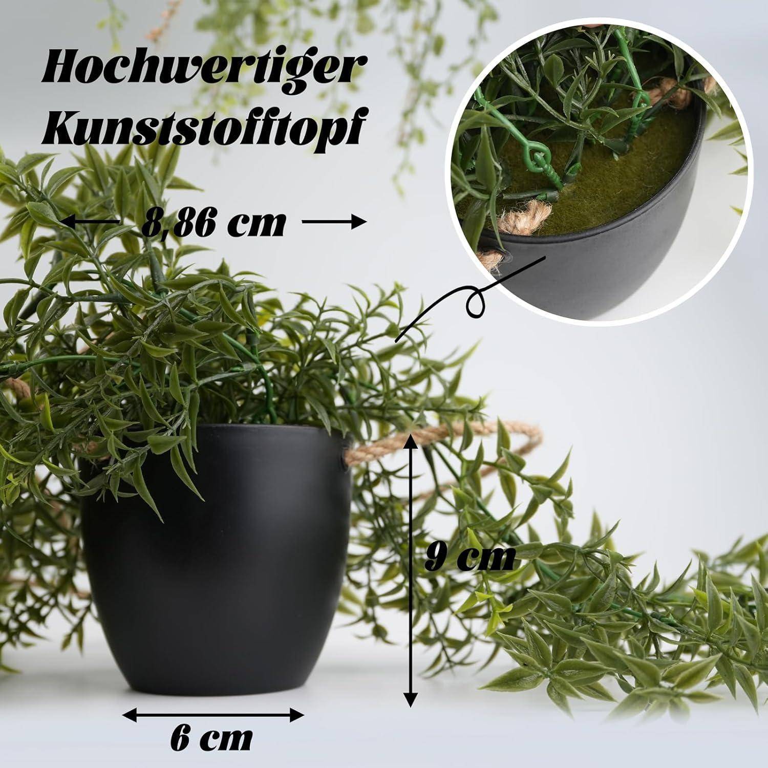 Ein schwarzer Plastiktopf mit dekorativen grünen Pflanzen. Maße: 8,86 cm Breite, 9 cm Höhe, 6 cm Basisbreite. 'Hochwertiger Kunststofftopf'.