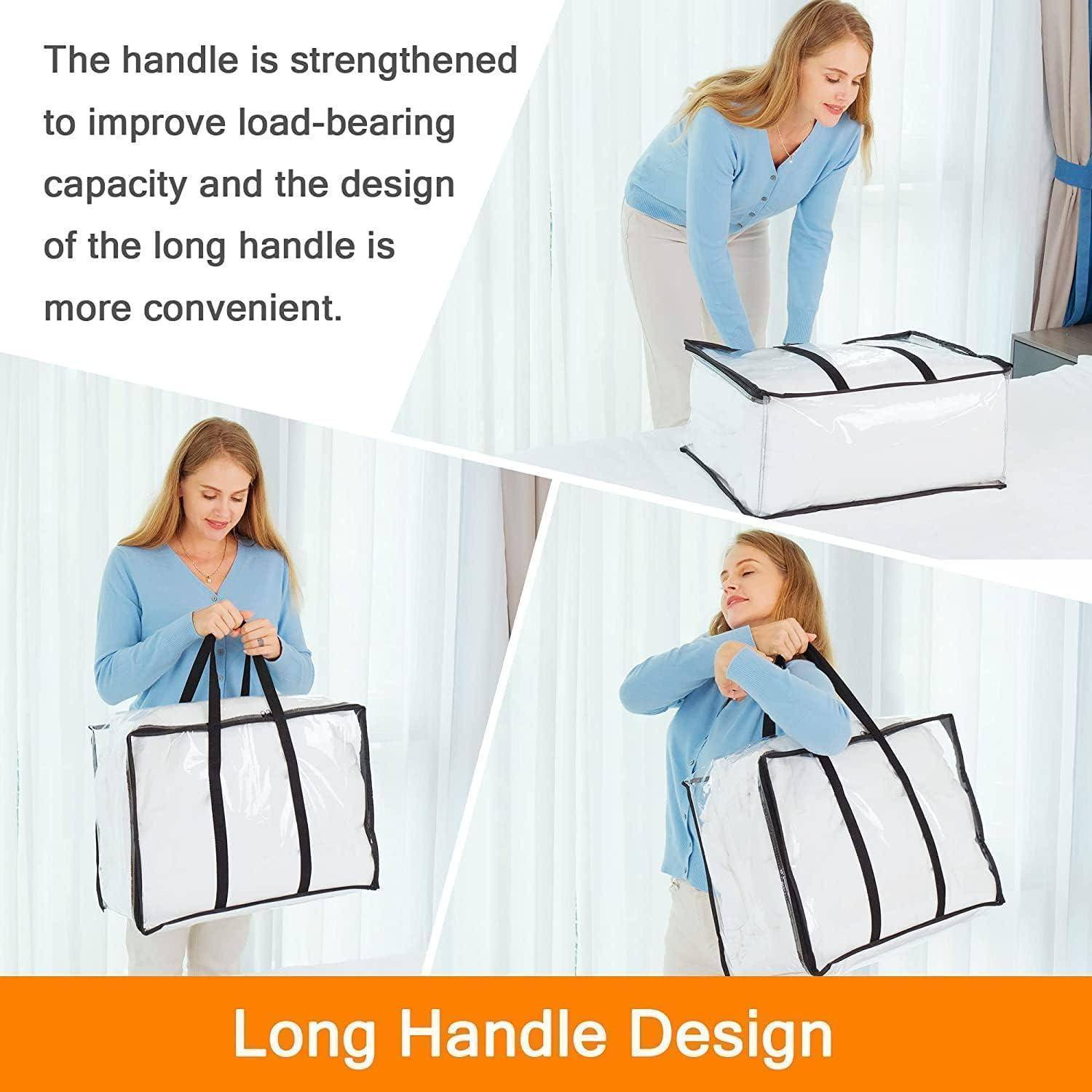 Langgriff-Design' mit einem Bild einer Person, die eine große, weiße, langhändige Aufbewahrungstasche verwendet, wobei Bequemlichkeit und Kapazität betont werden.