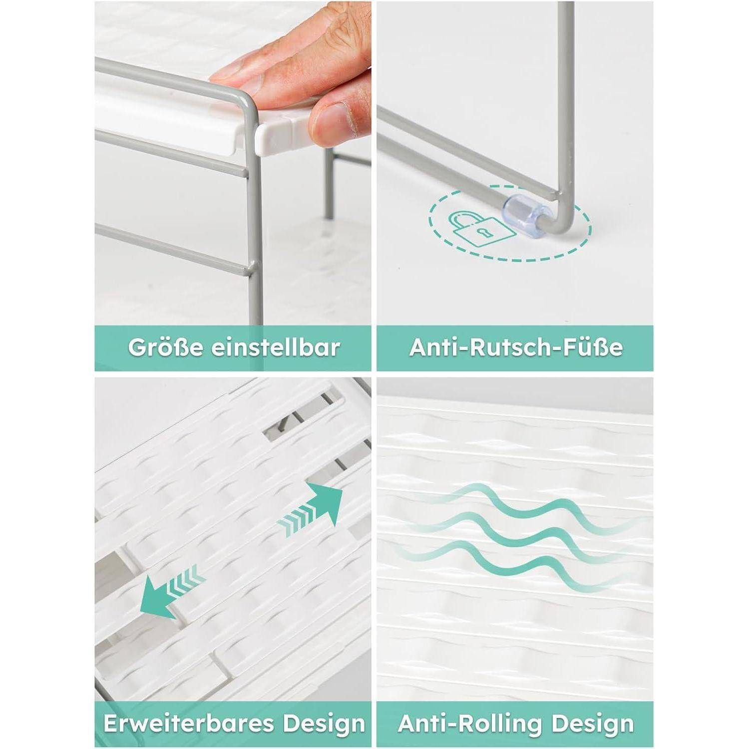 Das Bild zeigt ein modulares Regal mit in Deutsch beschrifteten Merkmalen: 'Größe einstellbar', 'Anti-Rutsch-Füße', 'Erweiterbares Design', 'Anti-Rolling Design'.