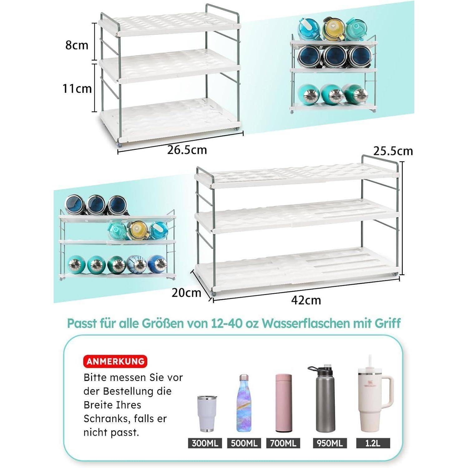 Stapelbare Flaschenregale mit Abmessungen: 8 cm x 11 cm, 26,5 cm, 25,5 cm x 20 cm, 42 cm. Passt für Flaschen von 300 ml bis 950 ml. Hinweis: Schrankmaße vor der Bestellung ausmessen.