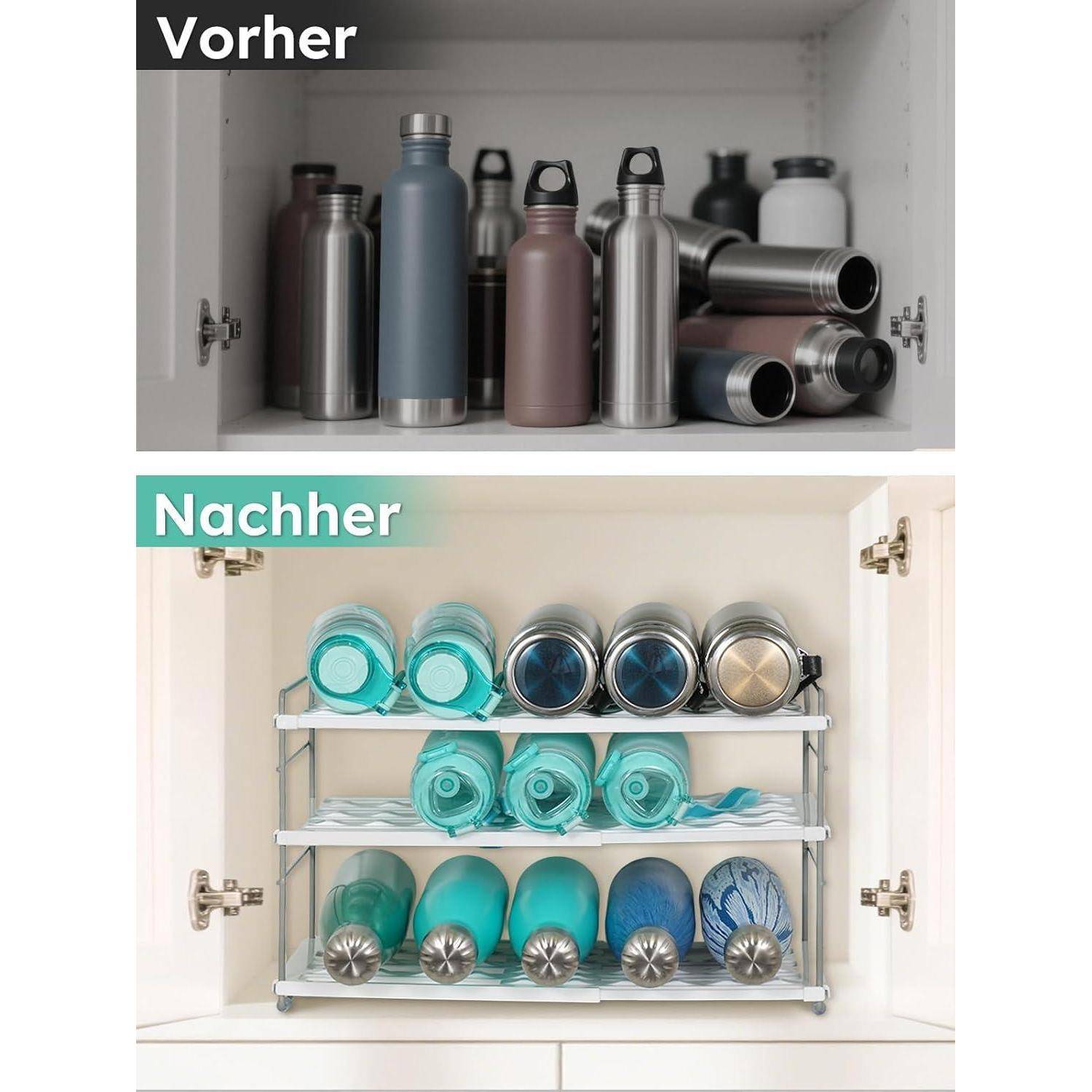Vorher': Unordentlicher Schrank mit Flaschen. 'Nachher': Organisierter Schrank mit Flaschen auf einem dreistufigen Regal, der verbesserte Ordnung zeigt.