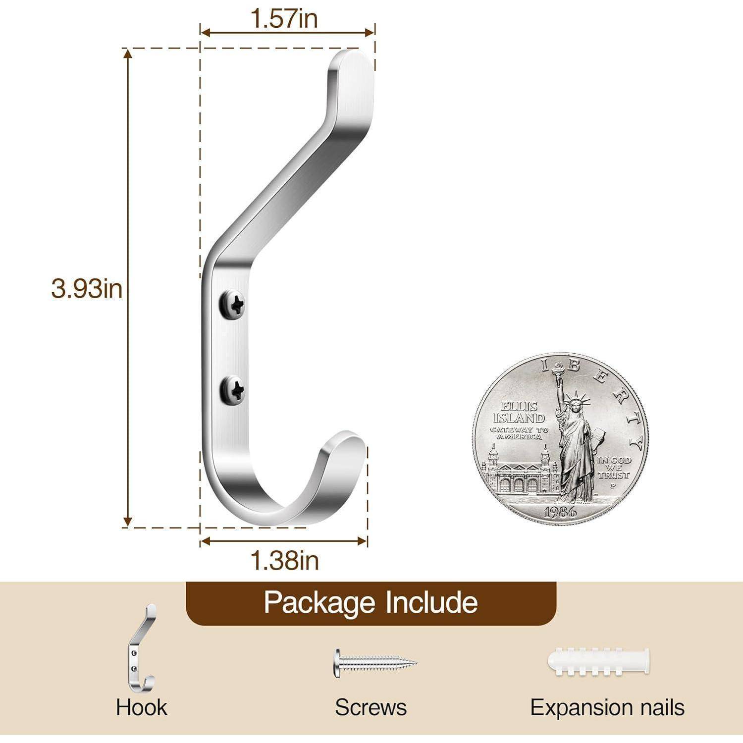 Metallhaken mit Abmessungen: 3,93 Zoll hoch, 1,57 Zoll breit, 1,38 Zoll Ausladung. Inklusive Schrauben und Expansionsnägel.