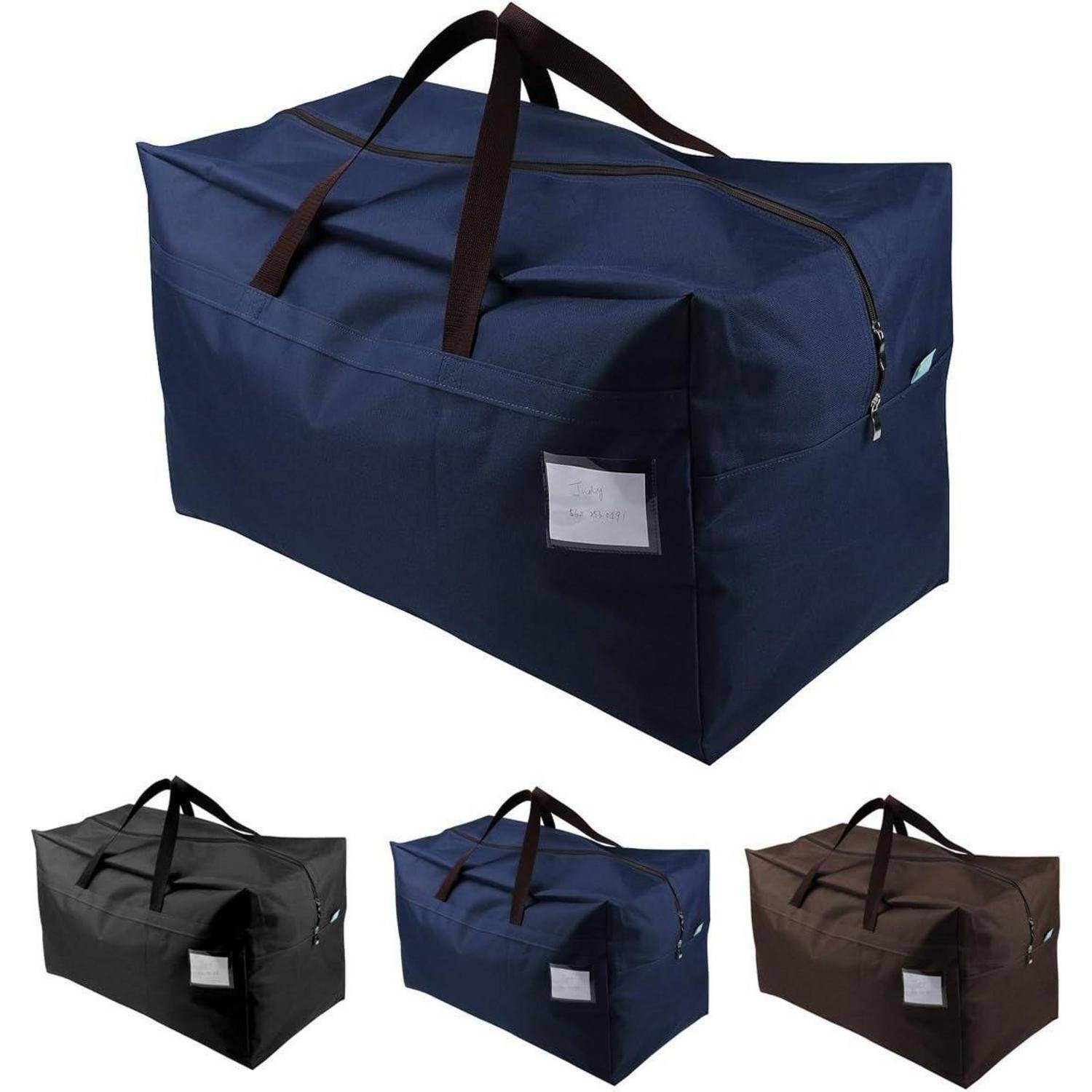 Verschiedene große, rechteckige Aufbewahrungstaschen in Navy, Schwarz, Blau und Braun, jeweils mit Griffen und einem sicheren Reißverschluss.