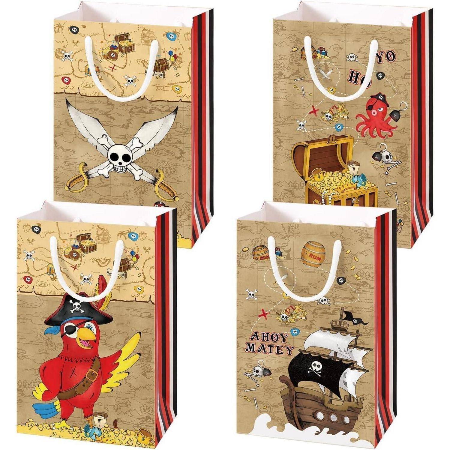 Vier Geschenktüten mit Piraten-Motiven: Totenkopf mit gekreuzten Schwertern, Schatztruhe mit Krake, Piratenpapagei und Segelschiff.