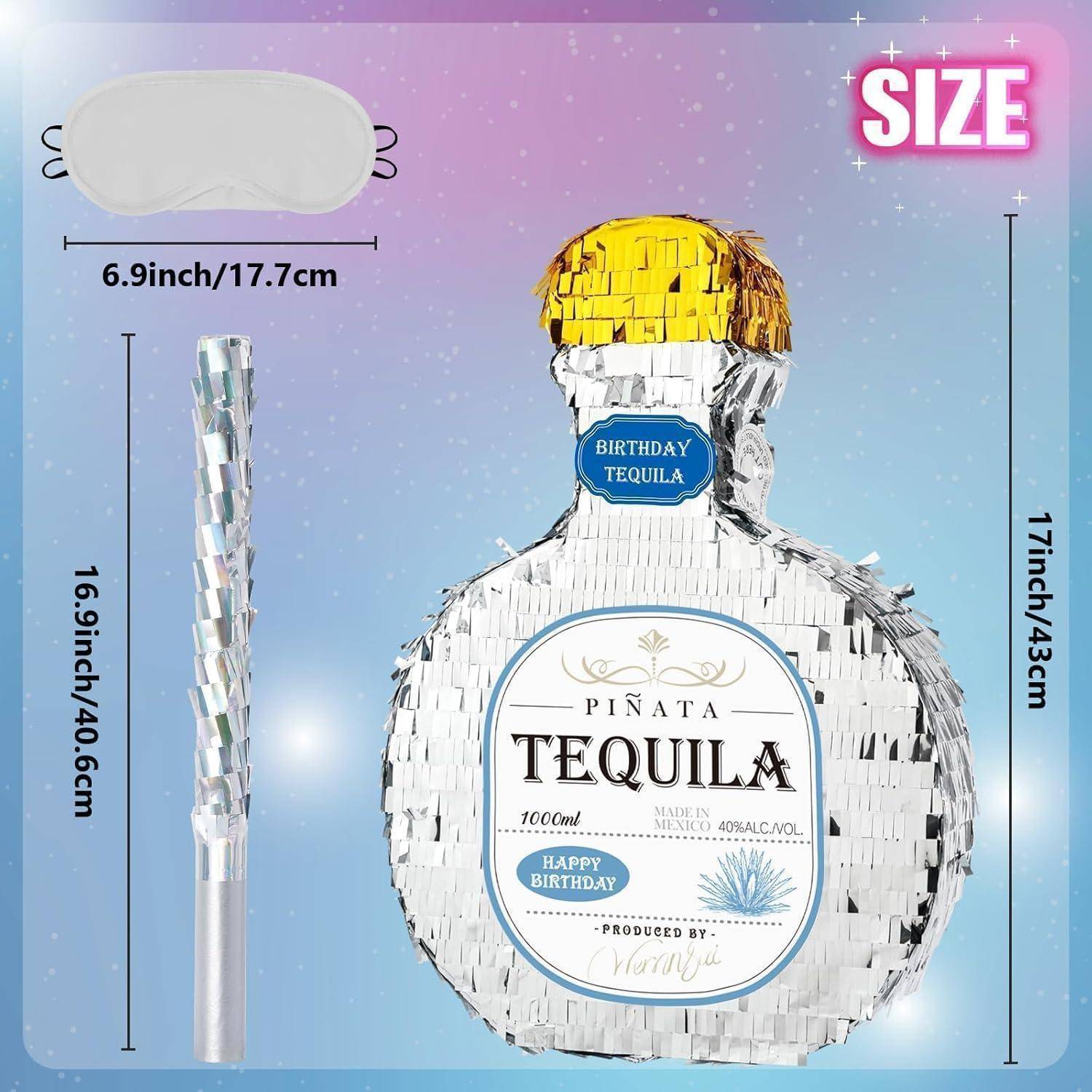 Bild zeigt eine Piñata in Form einer Tequilaflasche, beschriftet mit 