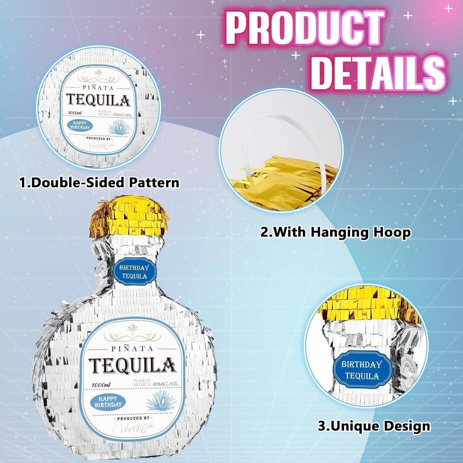 Produktdetails mit einem doppelseitigen, kreisförmigen Piñata-Muster, ausgestattet mit einer Aufhängeöse und einem einzigartigen Design, das einer Tequilaflasche nachempfunden ist.