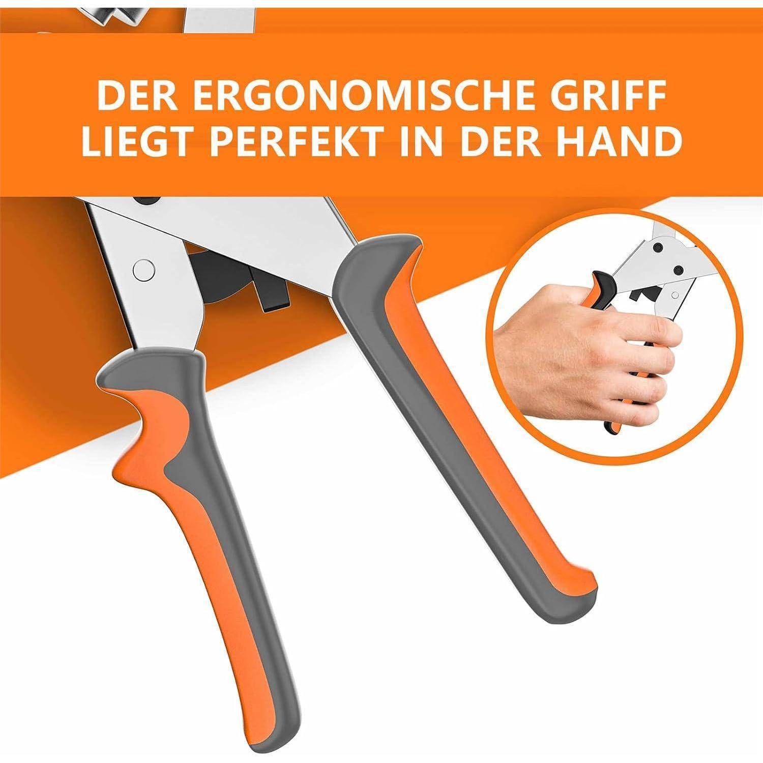 Ein ergonomisches Werkzeug mit orangefarbenen und grauen Griffen, das sein komfortables Design betont. Text liest sich: 'DER ERGONOMISCHE GRIFF LIEGT PERFEKT IN DER HAND'.