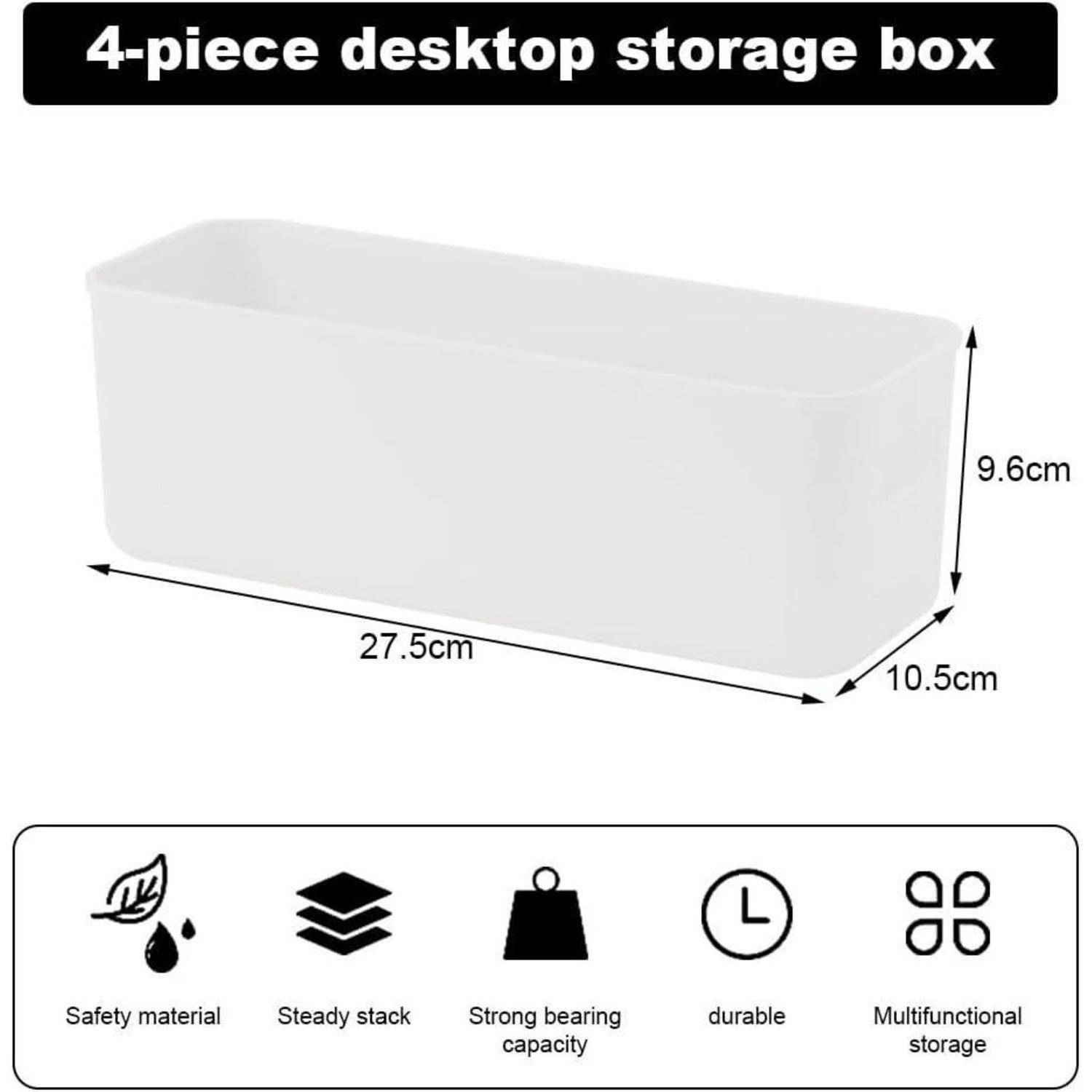 4-teilige Schreibtisch-Aufbewahrungsbox mit rechteckiger Form, Abmessungen 27,5 cm x 10,5 cm x 9,6 cm. Symbole darunter heben die Schlüsseleigenschaften hervor: Sicherheit, Stapelbarkeit, Haltbarkeit, Multifunktionalität.