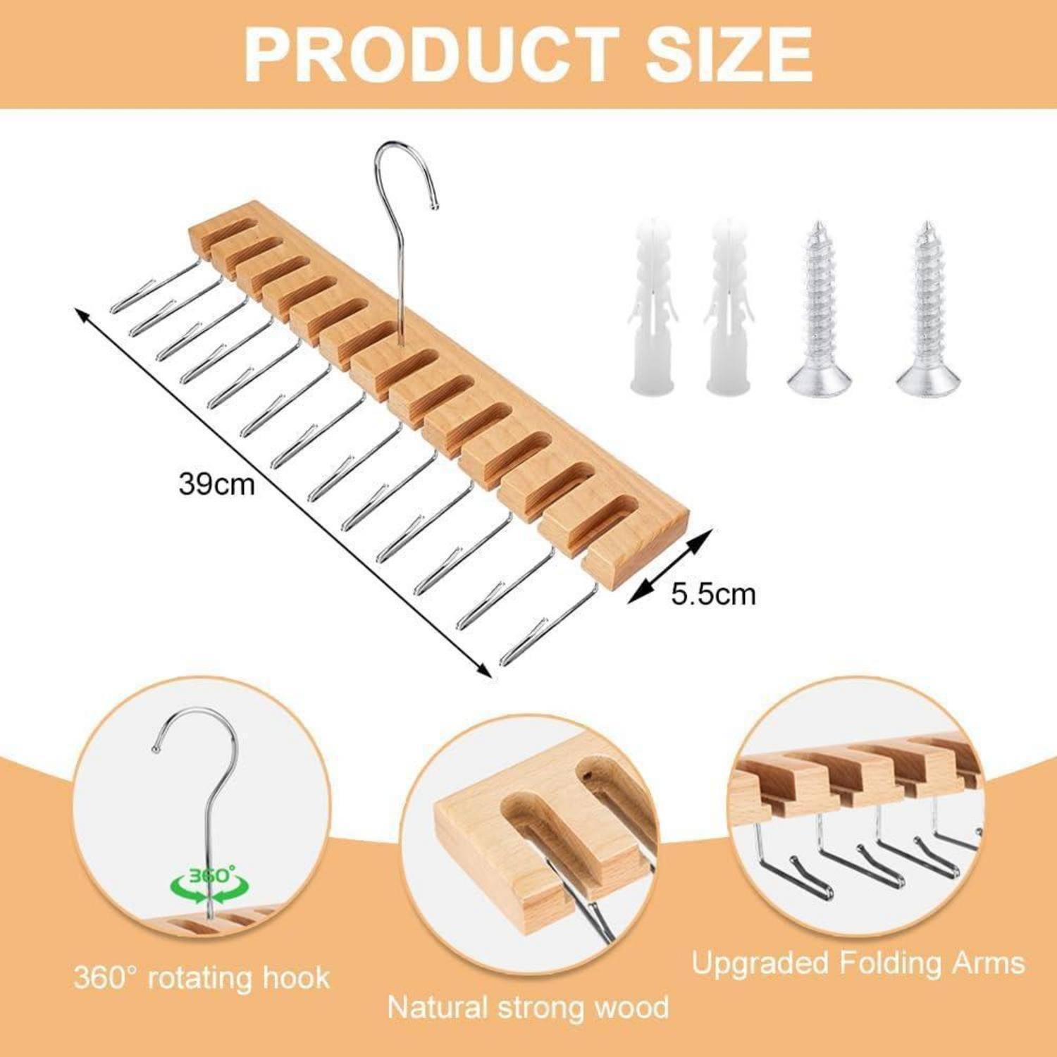 Produktgröße' Anzeige: Holzkleiderbügel mit 11 Haken, misst 39cm x 5,5cm. Funktionen umfassen 360° drehbaren Haken, klappbare Arme, Schrauben.