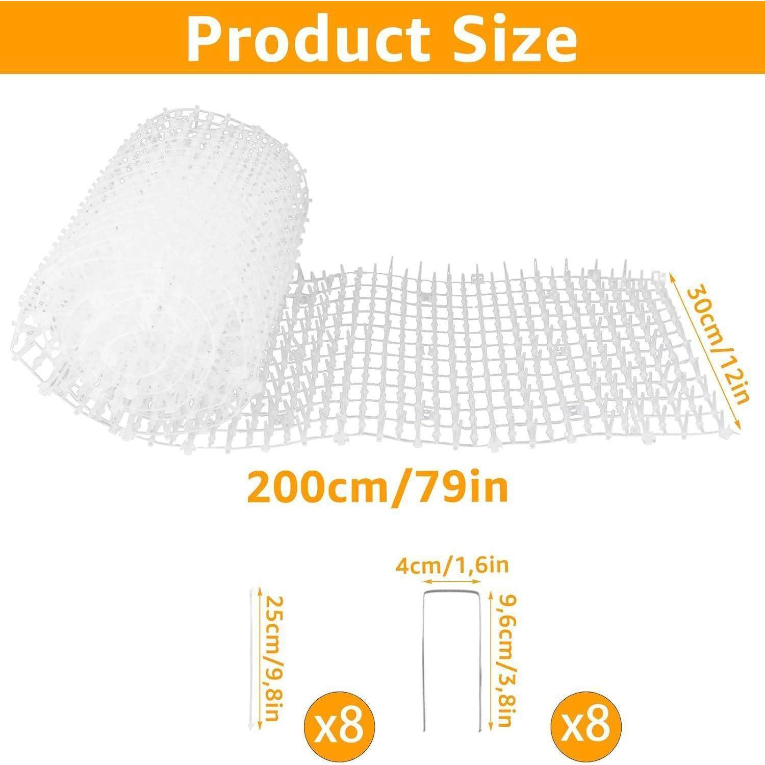Produktgröße': Ein weißes Maschennetz-Rolle, 200cm/79in lang, 30cm/12in breit. Acht Stücke, jeweils 4cm/1,6in hoch und 9,6cm/3,8in breit.