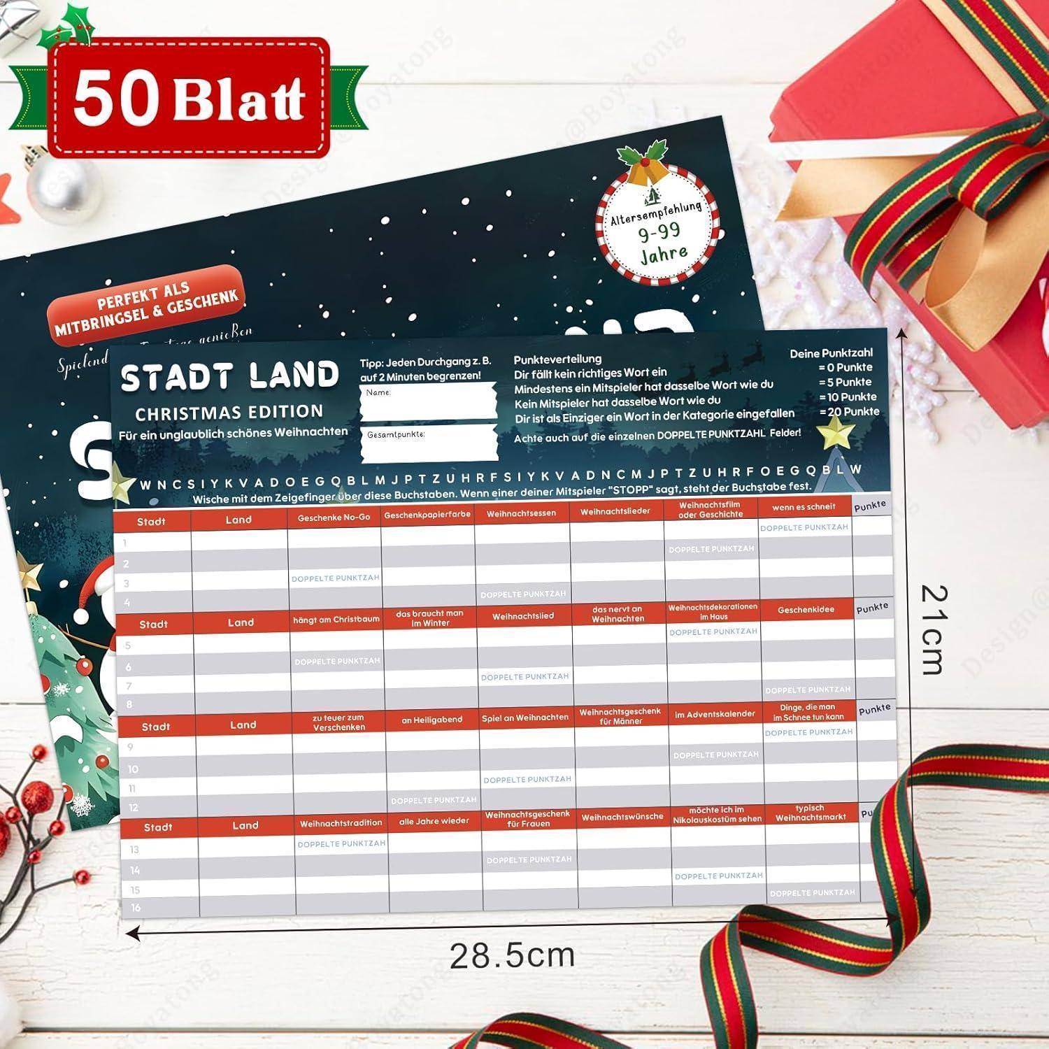 50 Blatt Stadt Land Weihnachts-Edition' Spielblatt mit Spalten für Kategorien: Stadt, Land, Weihnachtsspezifische Prompts. Rot und Gold Design.