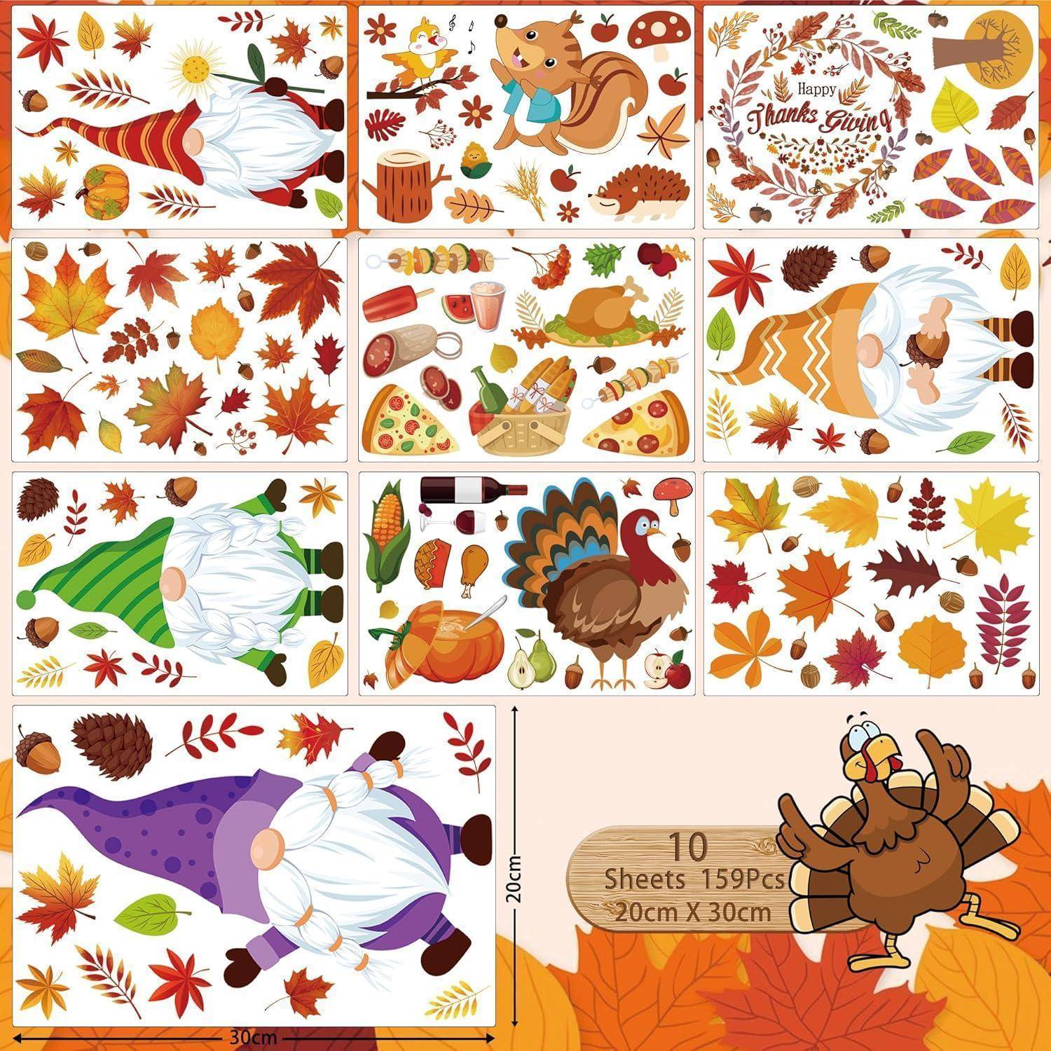 Aufkleber-Set "Thanksgiving"" mit Zwergen, einem Eichhörnchen, Truthahn, Lebensmitteln und Herbstblättern. Umfasst 159 Stück auf 10 Bögen.