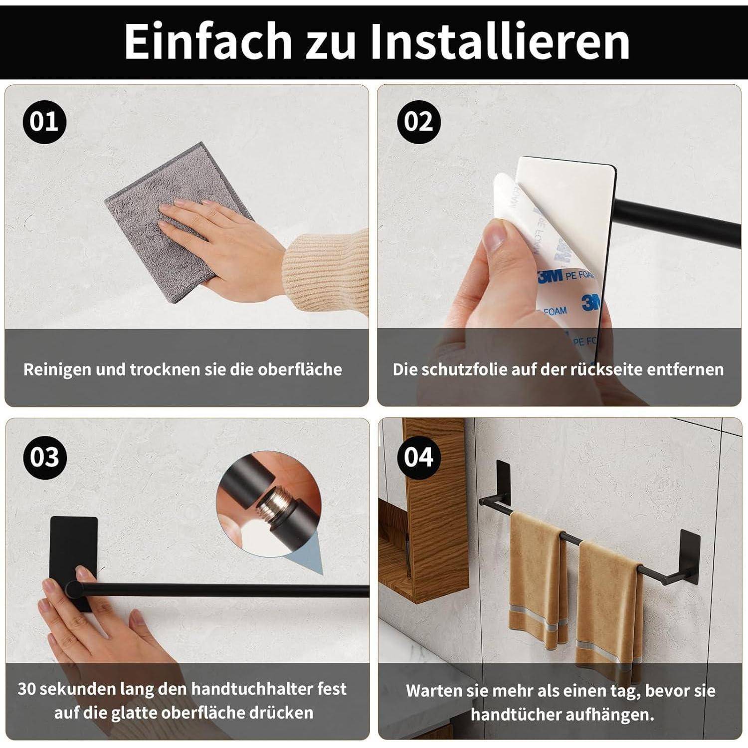 Anleitung zur Installation eines Handtuchhalters: 1. Oberfläche reinigen, 2. Folie entfernen, 3. Halter 30 Sek. andrücken, 4. 1 Tag warten.