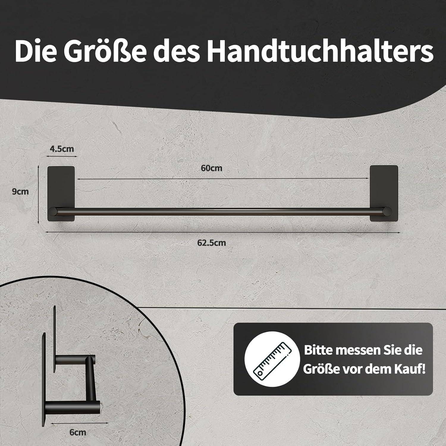 Ein Handtuchhalter mit einer Breite von 62,5 cm und einer Höhe von 9 cm, der in der Seitenansicht 6 cm von der Wand absteht. Text auf Deutsch rät, die Größe vor dem Kauf zu überprüfen.