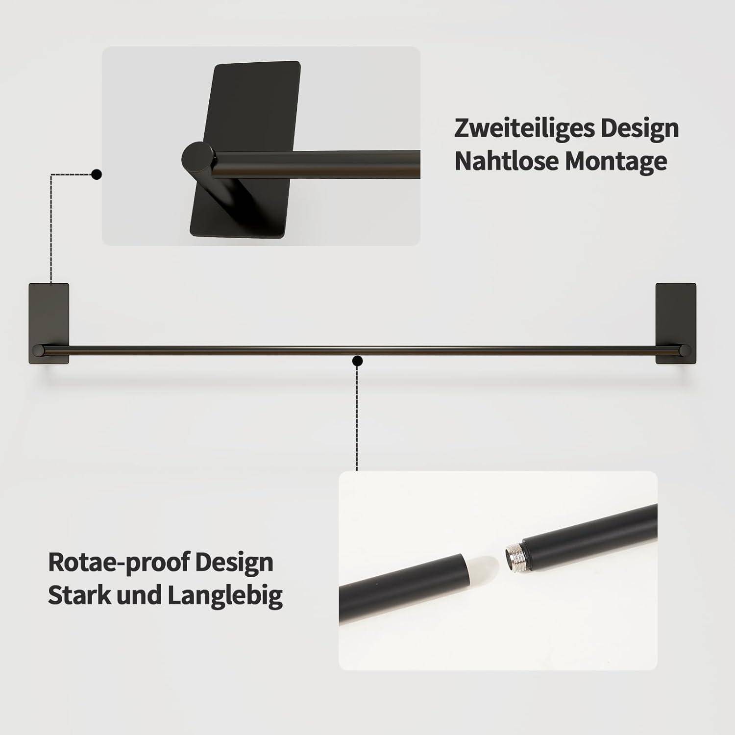 Ein schwarzer Handtuchhalter mit zwei hervorgehobenen Designmerkmalen: 'Zweiteiliges Design Nahtlose Montage' und 'Rostbeständiges Design Stark und Langlebig'.