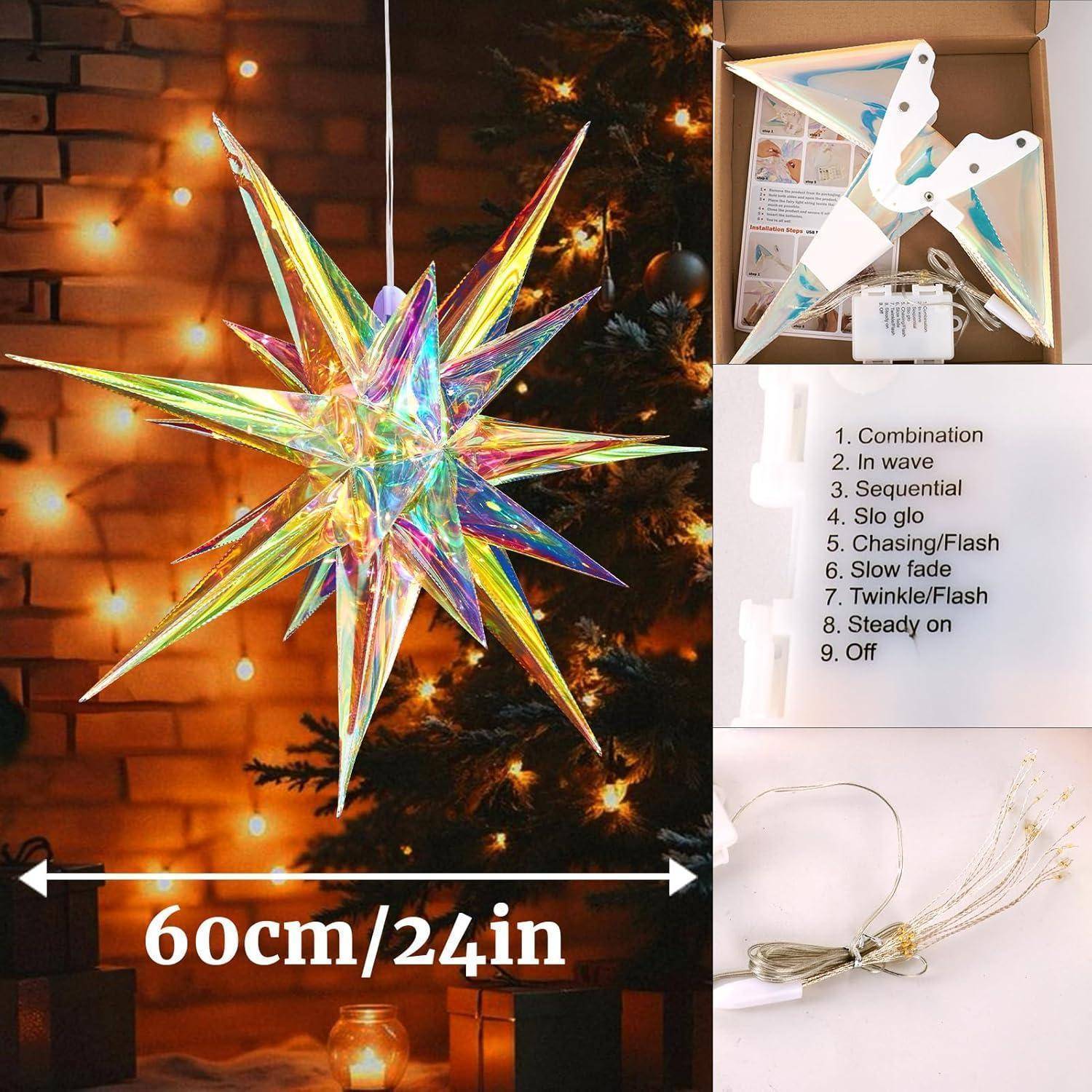 Ein 24-Zoll-Stern-Baumspitze in Multicolor mit Fernbedienung, ausgestattet mit acht Beleuchtungsmodi. Auf einem Weihnachtsbaum präsentiert.
