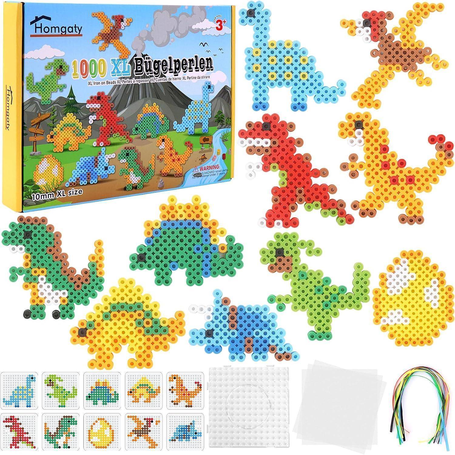 Dinosaurier-Motivset mit Steckplatten und Rastermustern. Enthält 1000 XL-Bügelperlen zum Erstellen verschiedener bunter Dinosaurier-Designs.