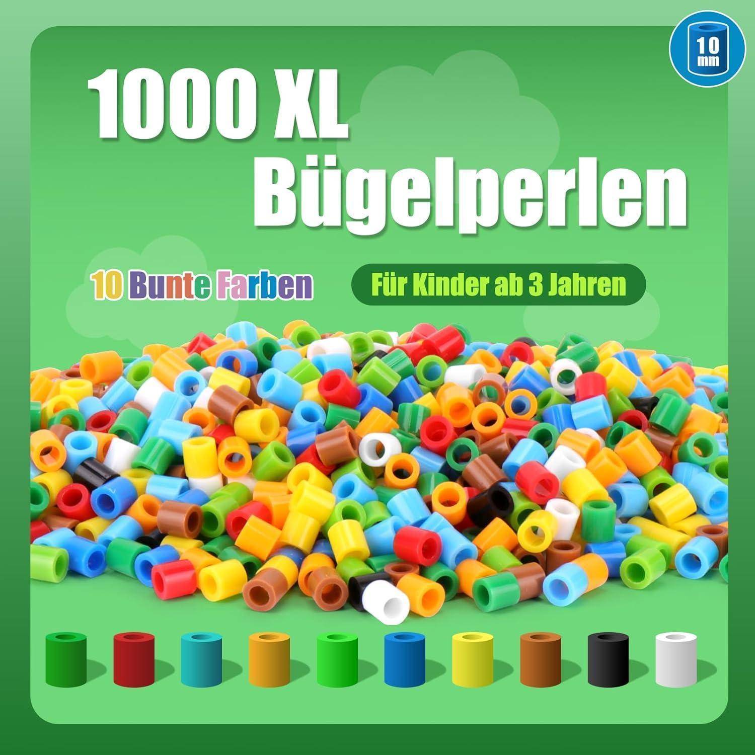 1000 XL Bügelperlen in verschiedenen leuchtenden Farben zum Basteln. Geeignet für Kinder ab 3 Jahren. Perlen werden in einem Haufen dargestellt.