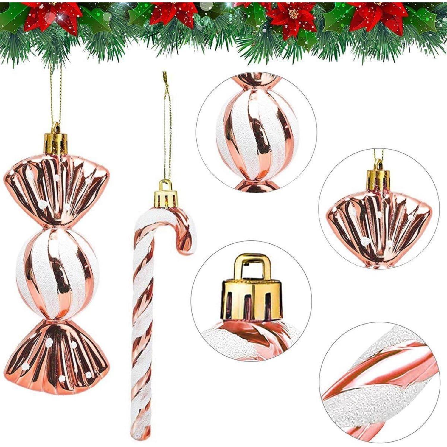 Weihnachtsdekoration präsentiert einen süßigkeitenförmigen Anhänger, einen gestreiften Zuckerstangen-Christbaumschmuck und eine Kugel mit reflektierenden Rosegold- und weißen Oberflächen.