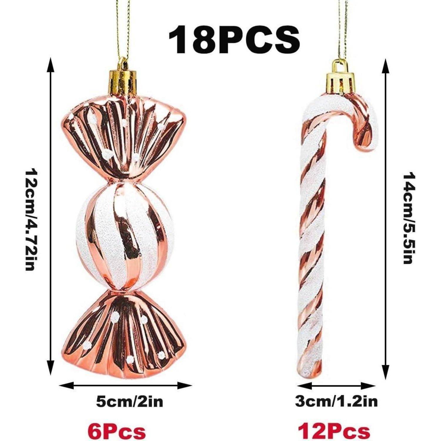 Zwei Weihnachtsschmuck: Eine zuckerformige Dekoration mit 5 cm/2 Zoll Breite und 12 cm/4,7 Zoll Höhe sowie ein Zuckerstange mit 3 cm/1,2 Zoll Breite, 14 cm/5,5 Zoll Höhe. Insgesamt 18 Stück: 6 Zuckerstücke, 12 Zuckerstangen.