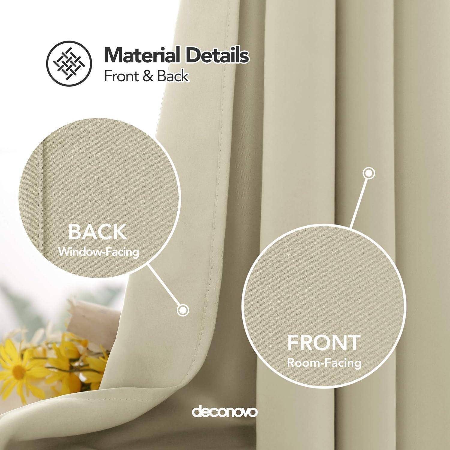 Materialdetails Vorderseite & Rückseite': Beige Vorhang mit beschrifteten Seiten. 'RÜCKSEITE Fenster-Zugewandt', 'VORDERSEITE Raum-Zugewandt'. Kleine gelbe Blumen sichtbar.